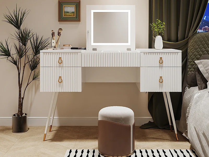 Coiffeuse - 4 tiroirs & miroir pliable à LED réglable - MDF - Blanc (tabouret non inclus)