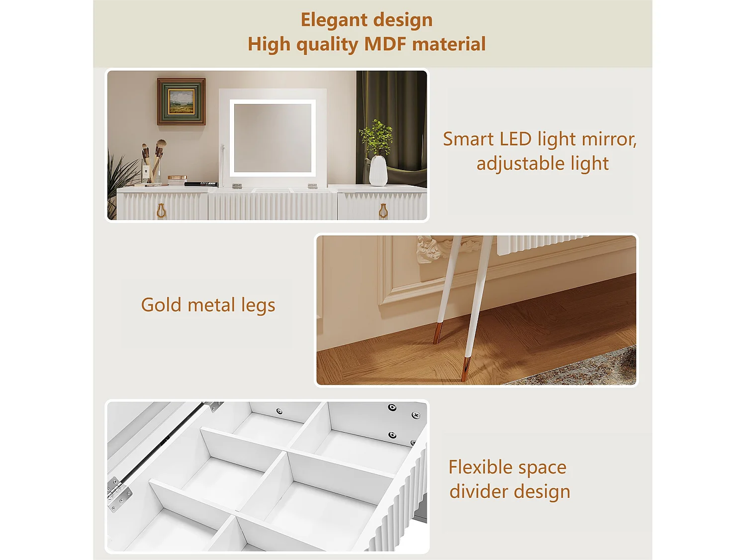 Tocador - 4 cajones y espejo plegable LED ajustable - MDF - Blanco (taburete no incluido)