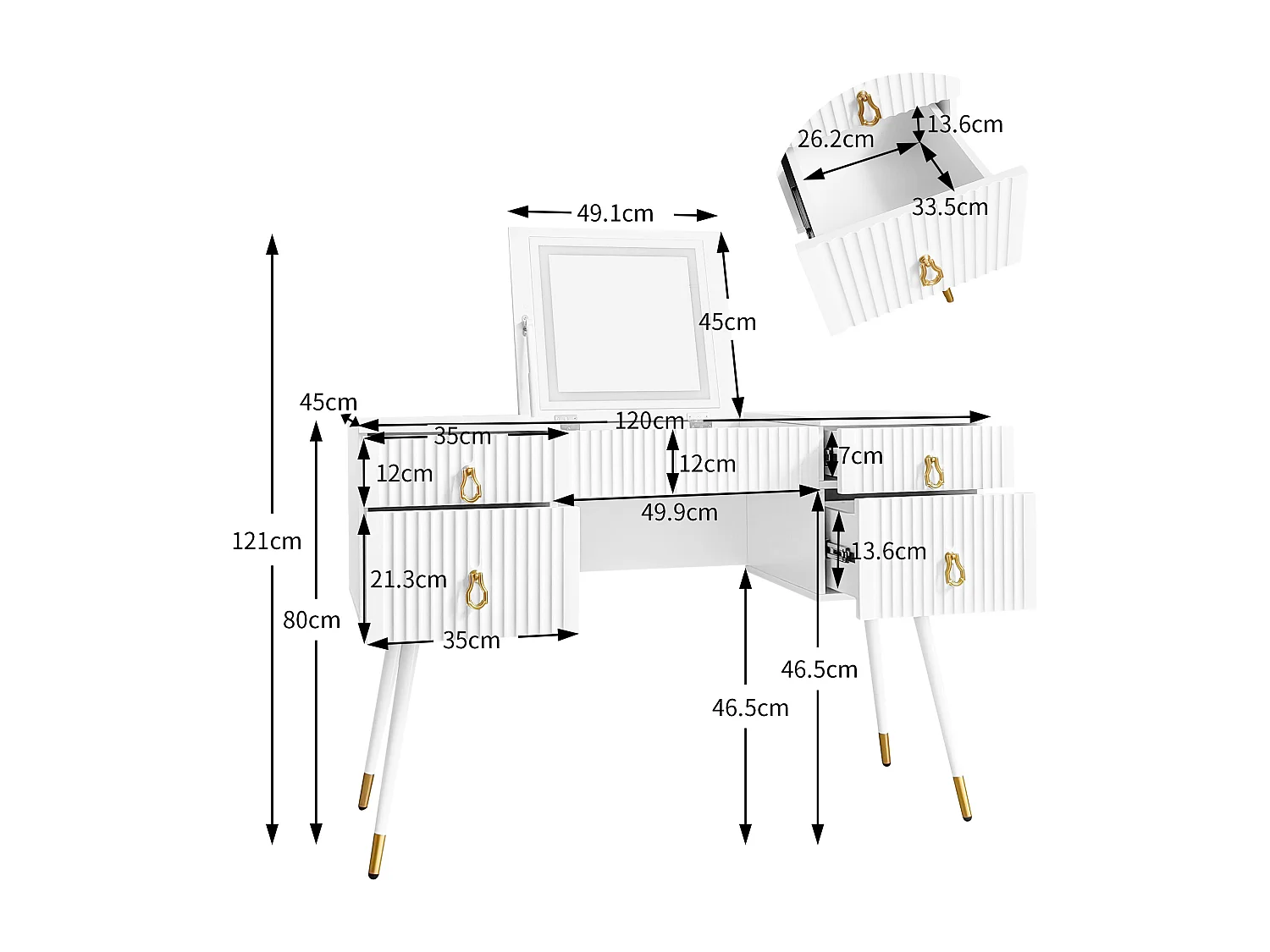 Tocador - 4 cajones y espejo plegable LED ajustable - MDF - Blanco (taburete no incluido)