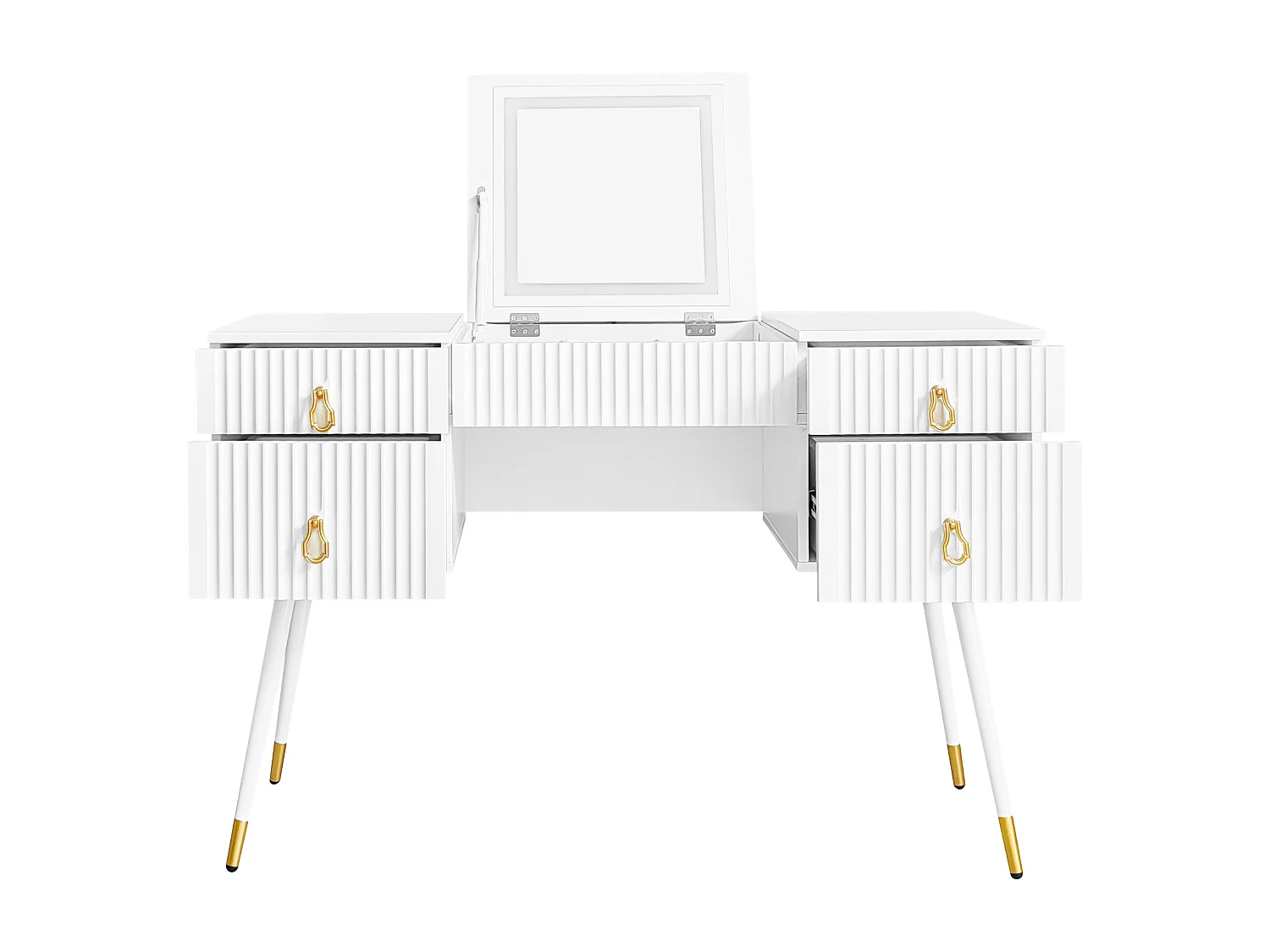 Tocador - 4 cajones y espejo plegable LED ajustable - MDF - Blanco (taburete no incluido)