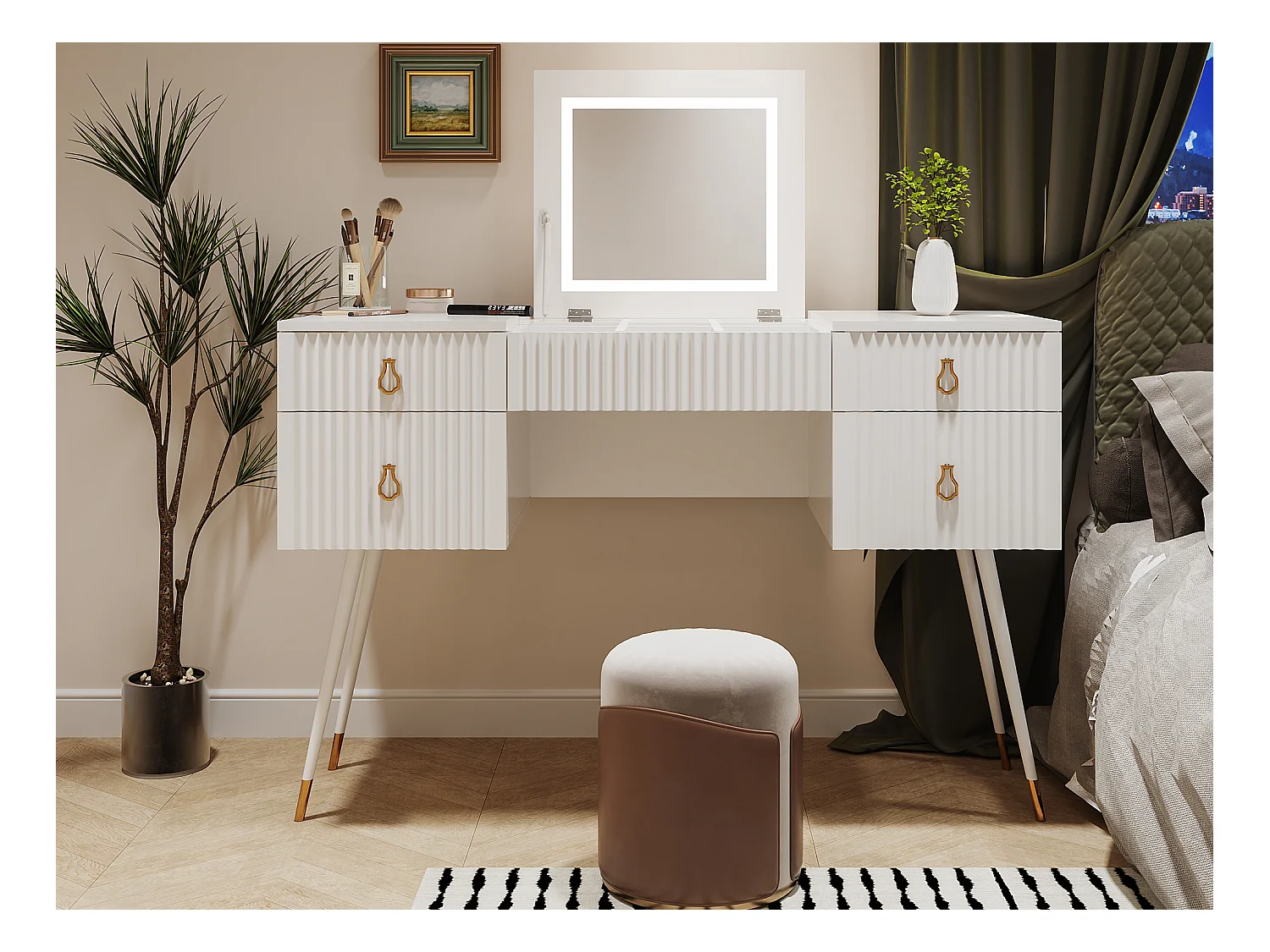 Coiffeuse - 4 tiroirs & miroir pliable à LED réglable - MDF - Blanc (tabouret non inclus)