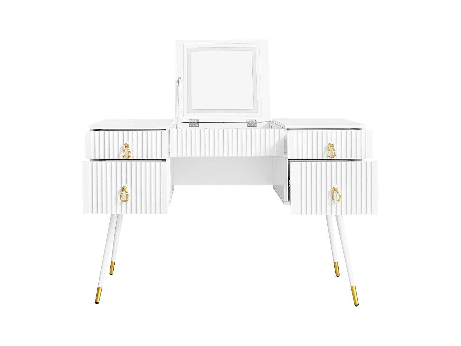 Coiffeuse - 4 tiroirs & miroir pliable à LED réglable - MDF - Blanc (tabouret non inclus)