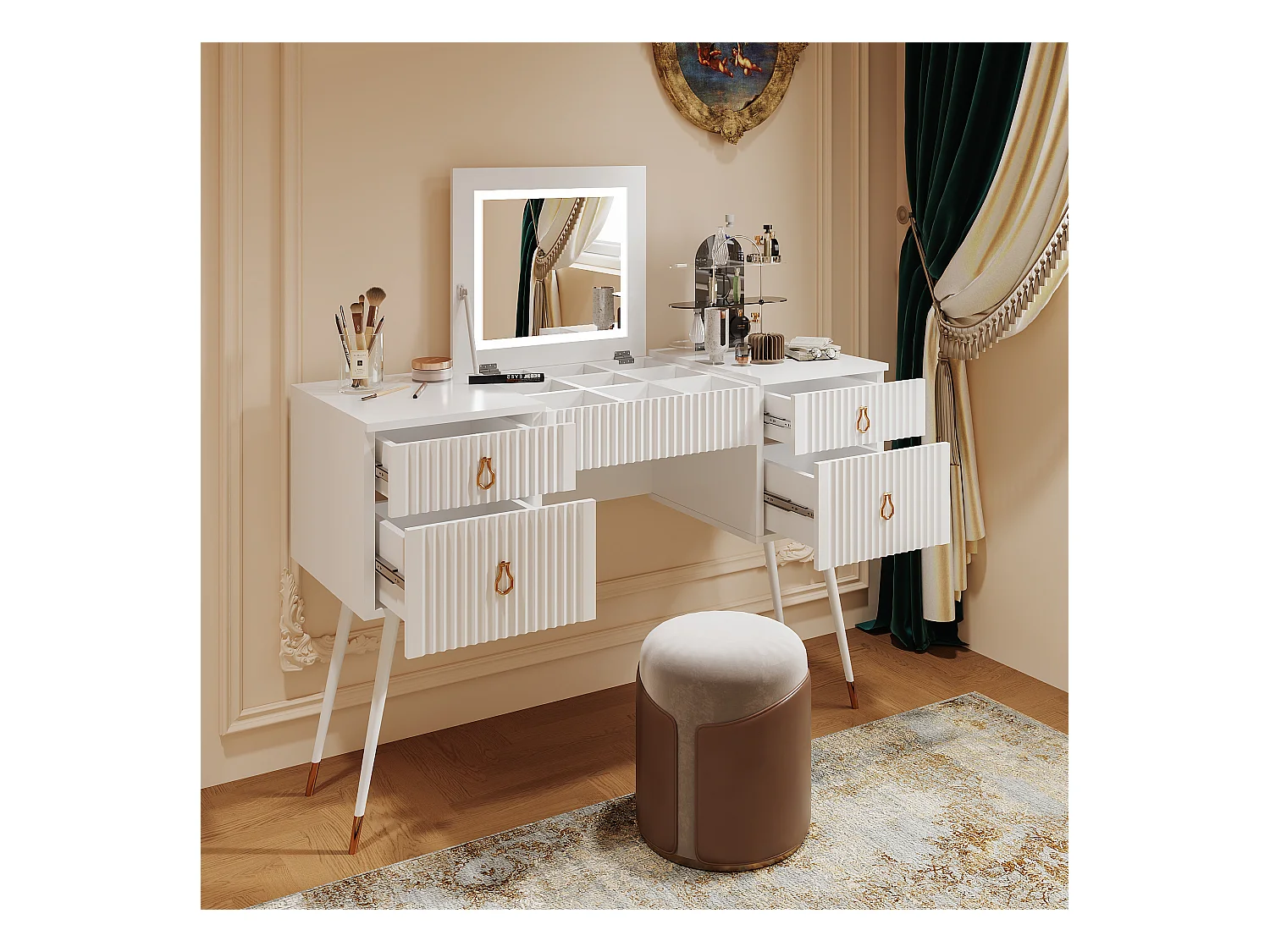 Coiffeuse - 4 tiroirs & miroir pliable à LED réglable - MDF - Blanc (tabouret non inclus)