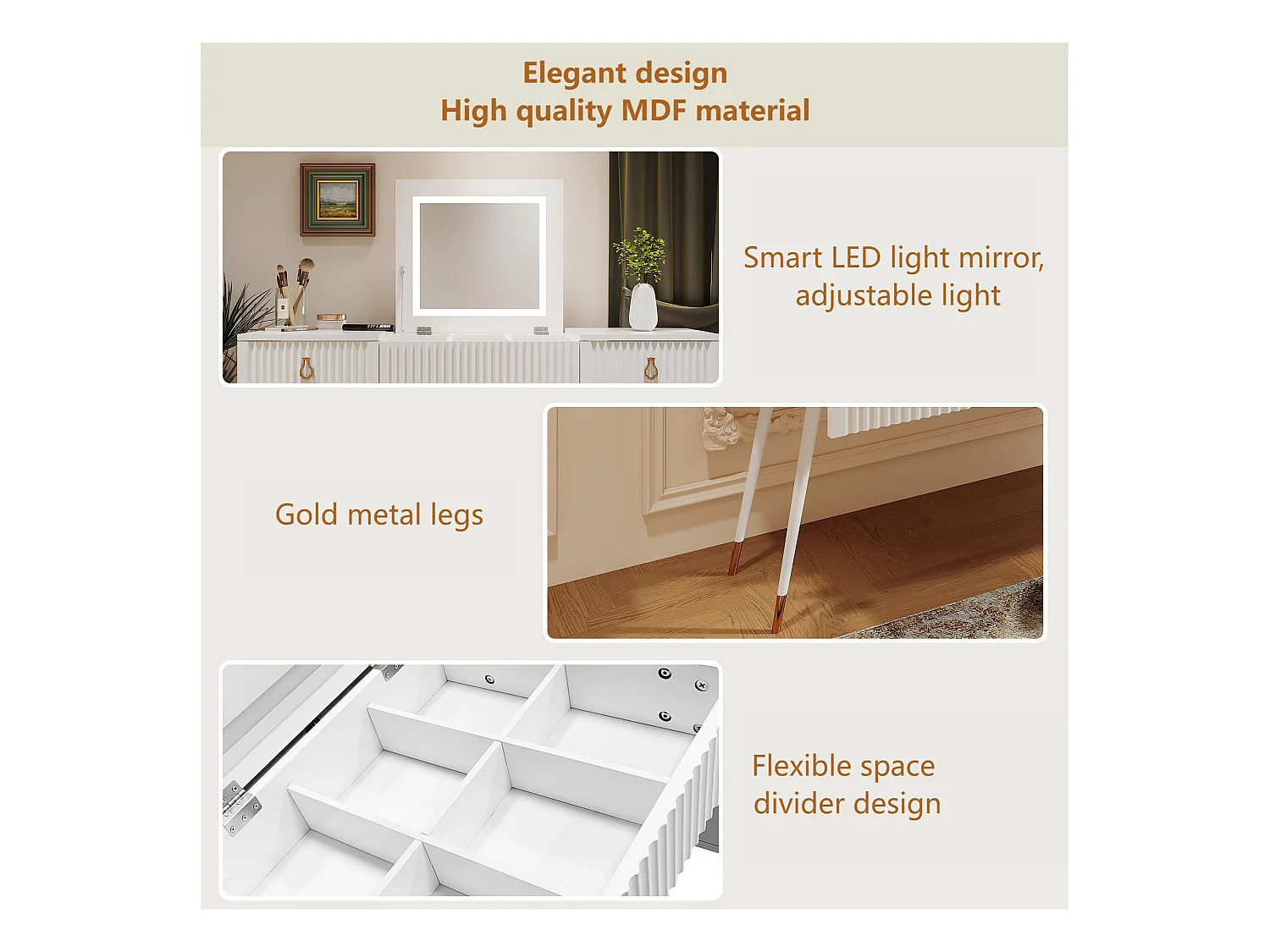 Coiffeuse - 4 tiroirs & miroir pliable à LED réglable - MDF - Blanc (tabouret non inclus)