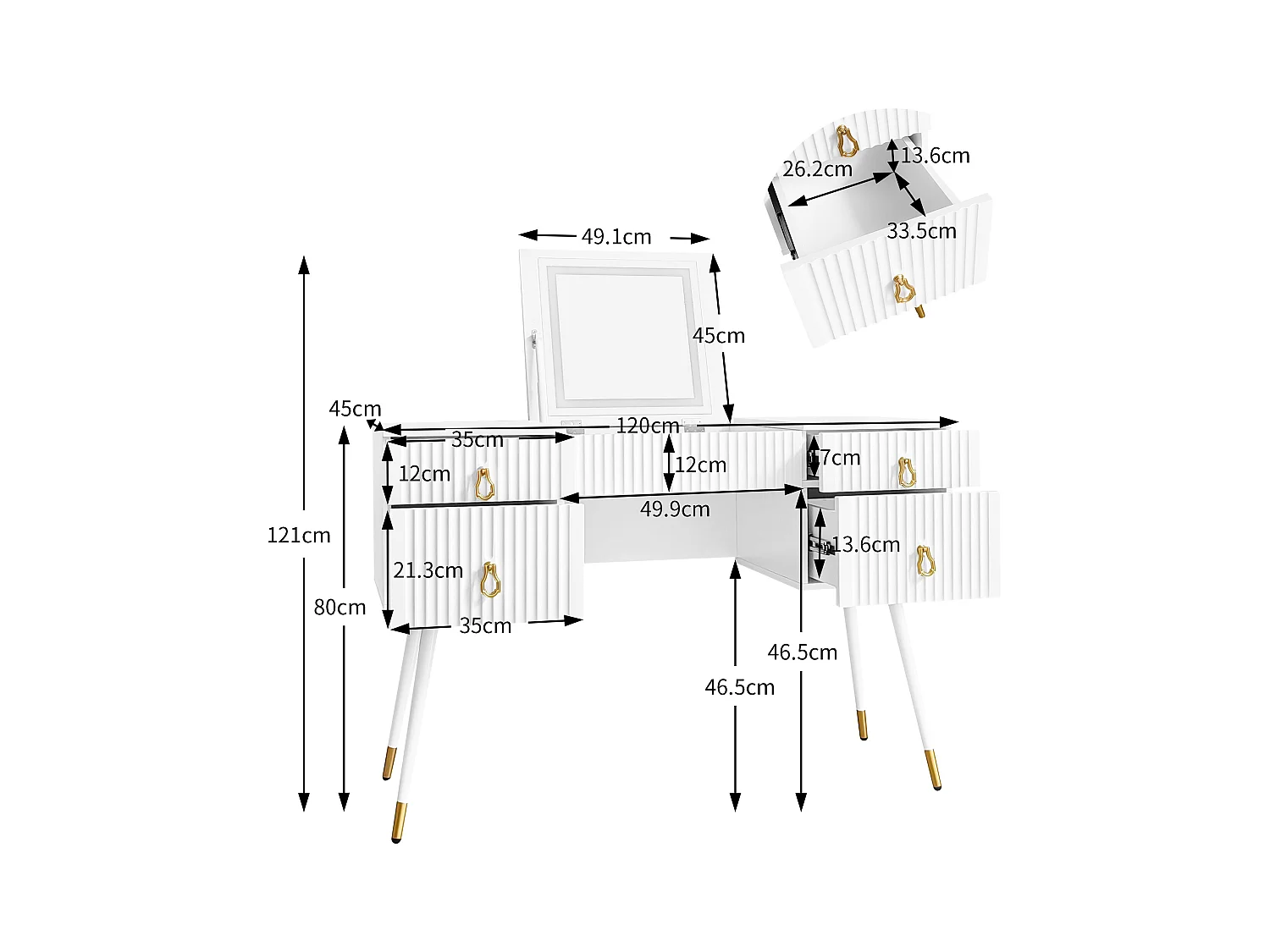 Coiffeuse - 4 tiroirs & miroir pliable à LED réglable - MDF - Blanc (tabouret non inclus)