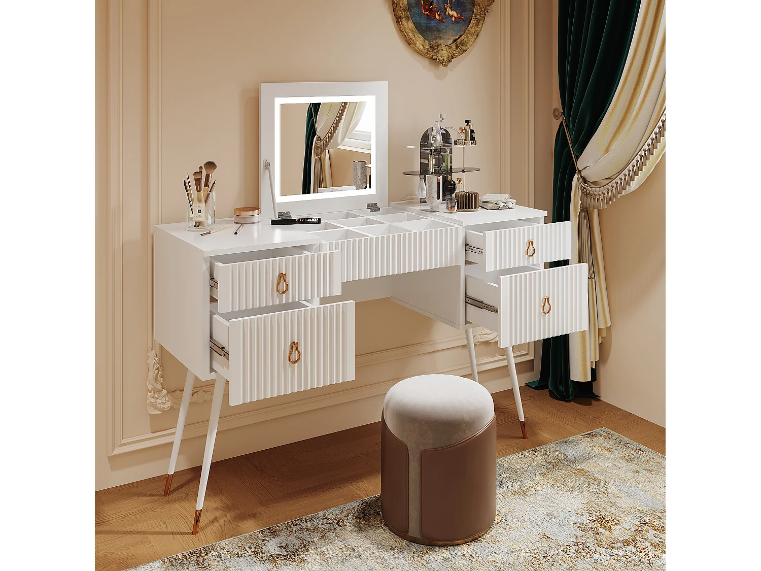 Kaptafel - 4 lades & verstelbare LED inklapbare spiegel - MDF - Wit (kruk niet inbegrepen)