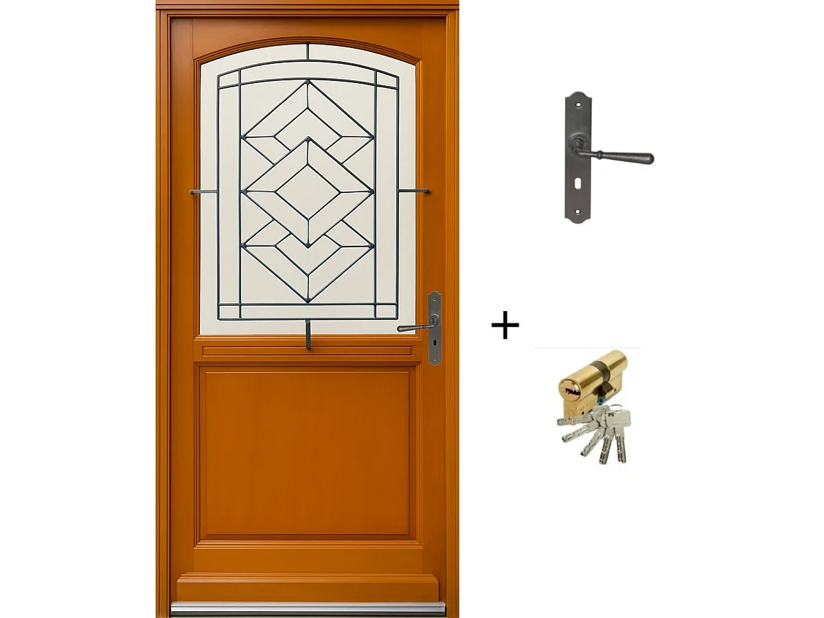 Porte D'entree Bois Vitree, Vitrage Transparent, Elioth, H,215xl,90 P,gauche + Poignee Et Barillet (ref 010403fp) Cotes Tableau Gd Menuiseries