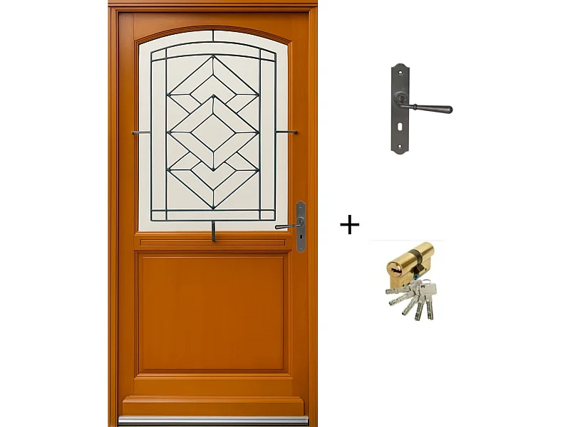 Porte D'entree Bois Vitree, Vitrage Transparent, Elioth, H,215xl,90 P,gauche + Poignee Et Barillet (ref 010403fp) Cotes Tableau Gd Menuiseries