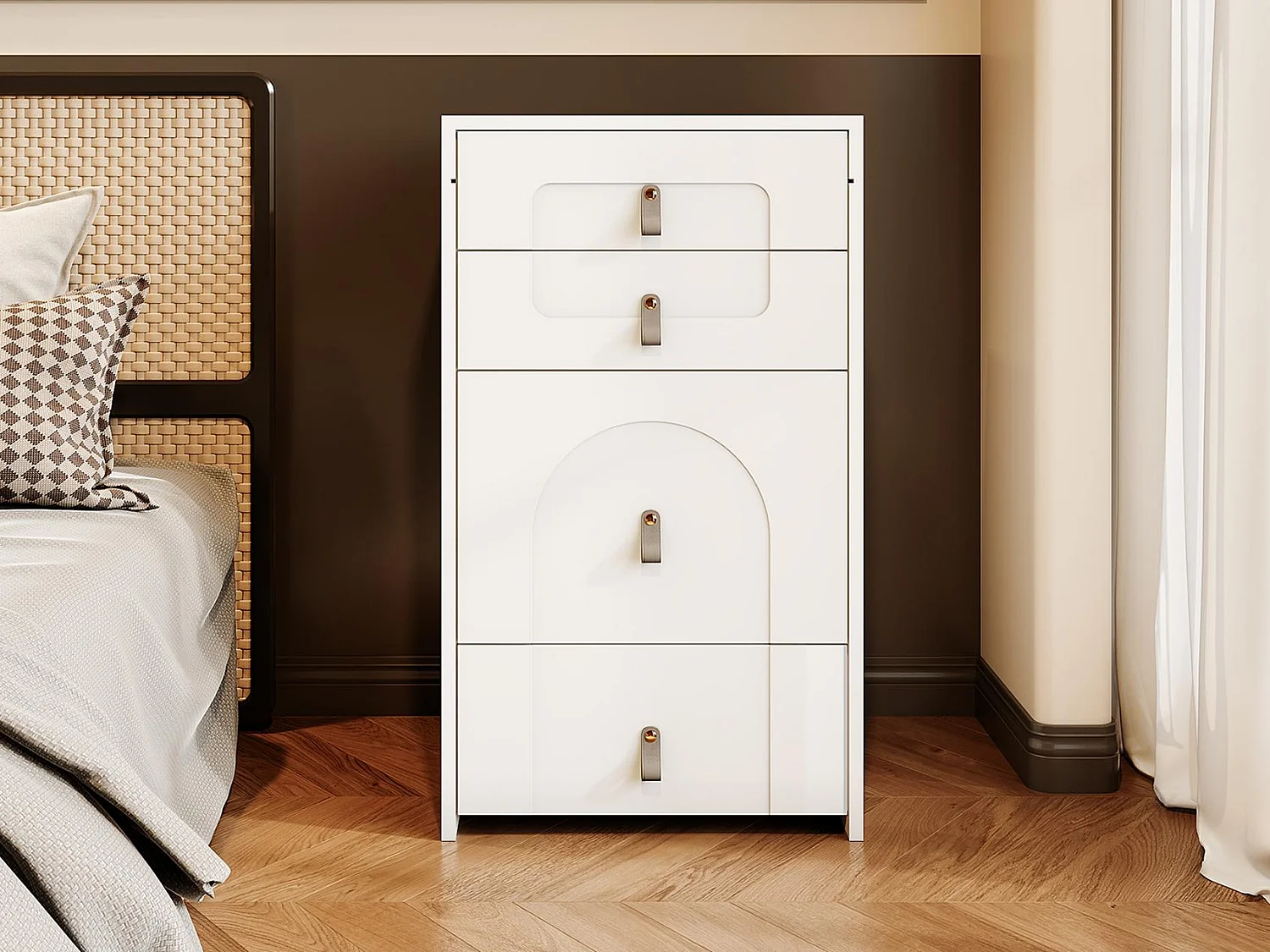 Table de chevet multifonctionnelle - 3 tiroirs & miroir avec LED & siège extractible - MDF - Blanc