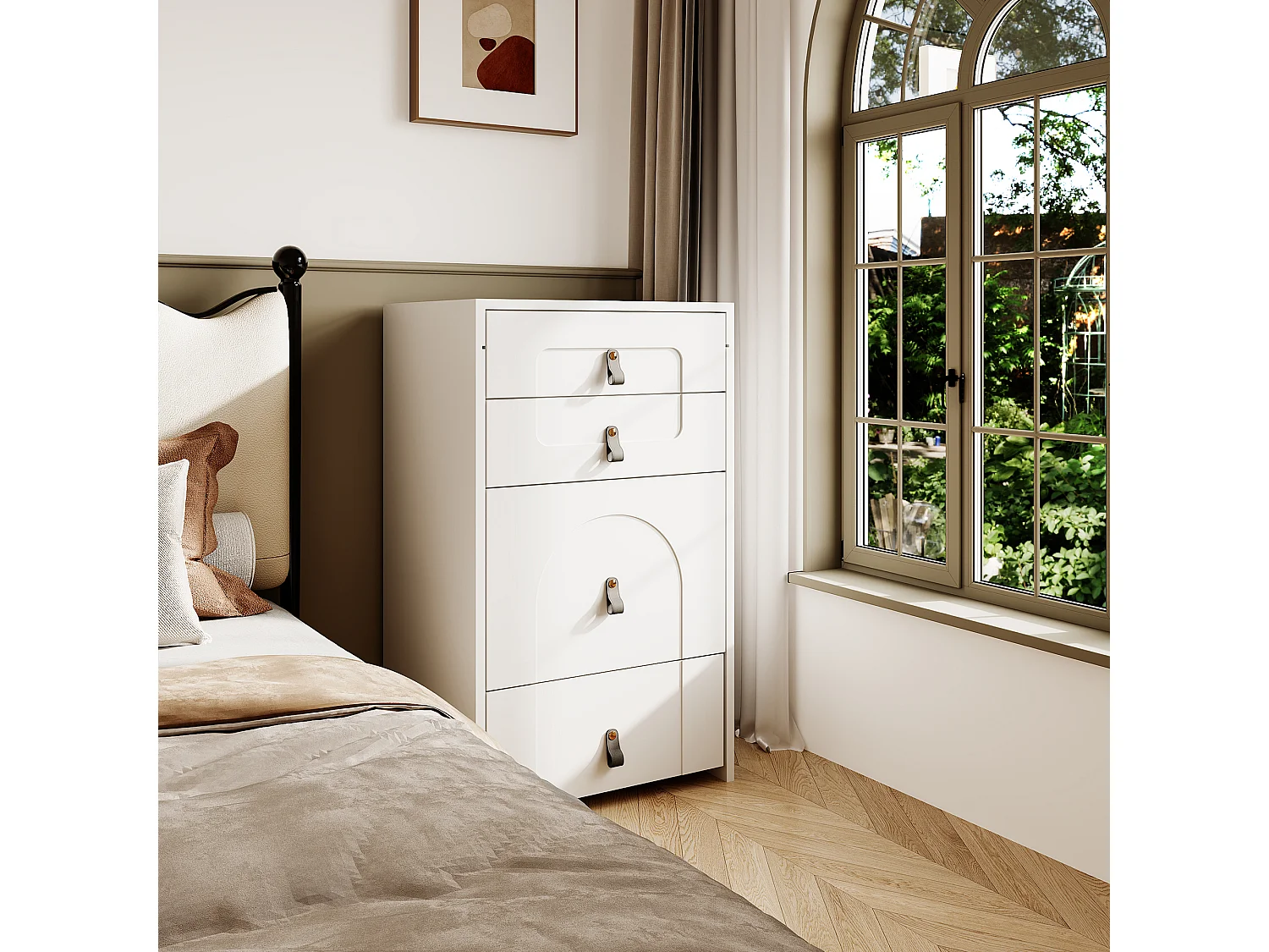 Table de chevet multifonctionnelle - 3 tiroirs & miroir avec LED & siège extractible - MDF - Blanc