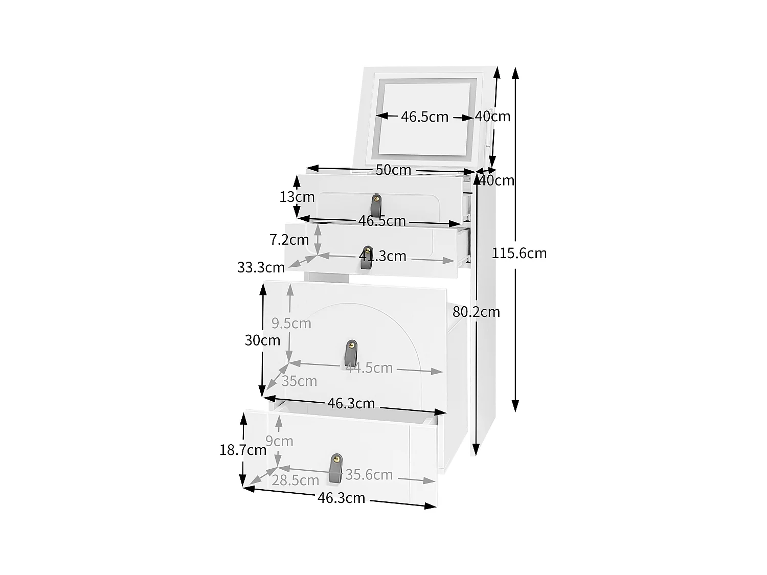 Multifunctioneel nachtkastje - 3 lades en spiegel met LED & uittrekbare zitting - MDF - Wit
