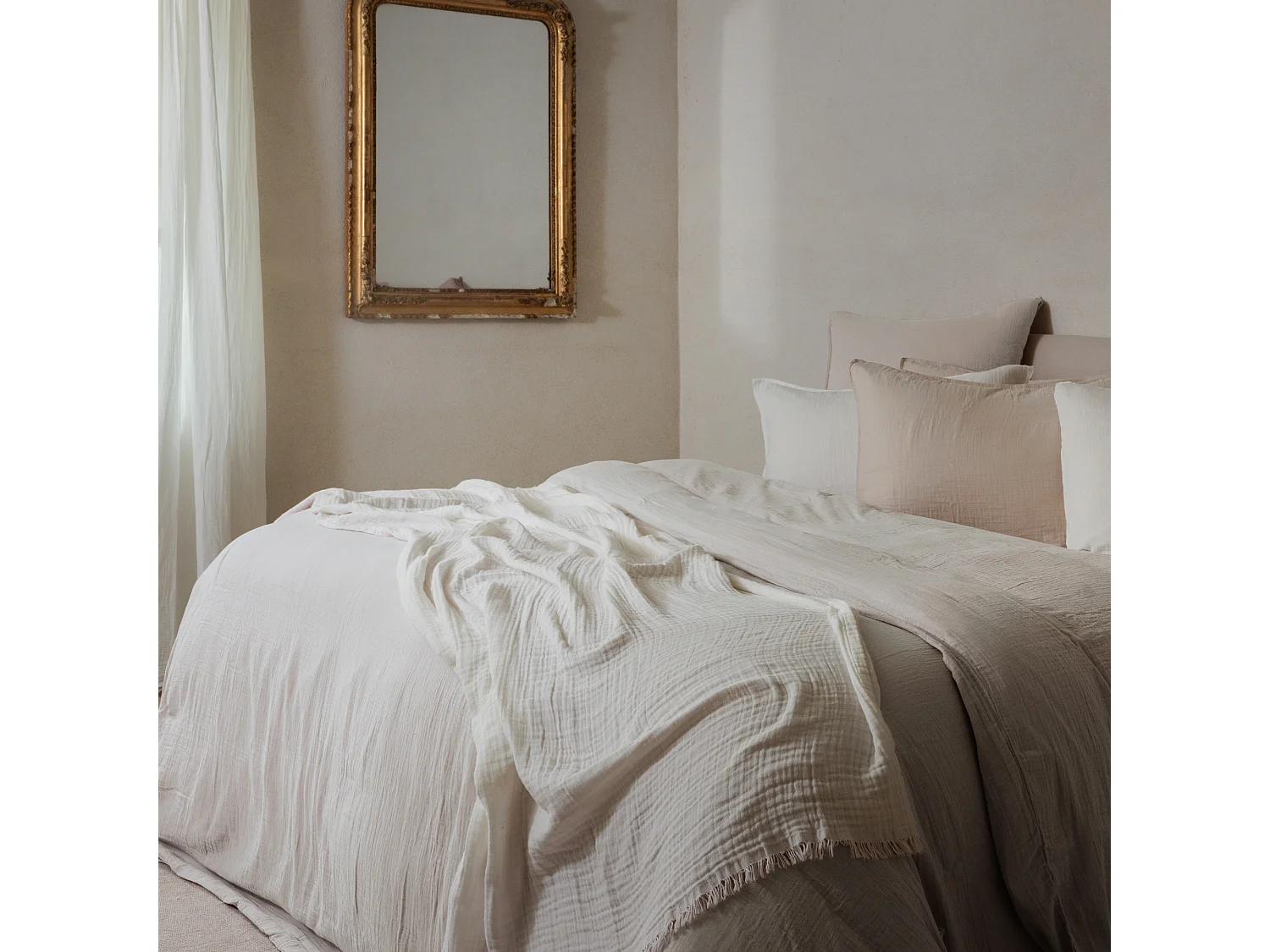 Drap housse MILOS mousseline de coton 160x200 cm bonnet 30 cm uni beige ficelle