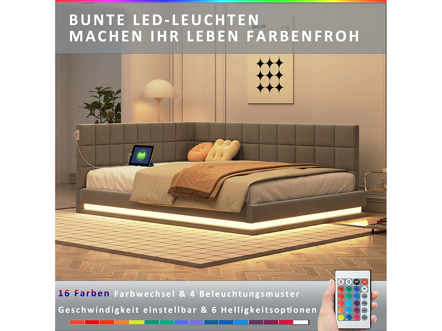 Lit banquette rembourré en velours 140x200cm - avec LED et prise USB - Gris