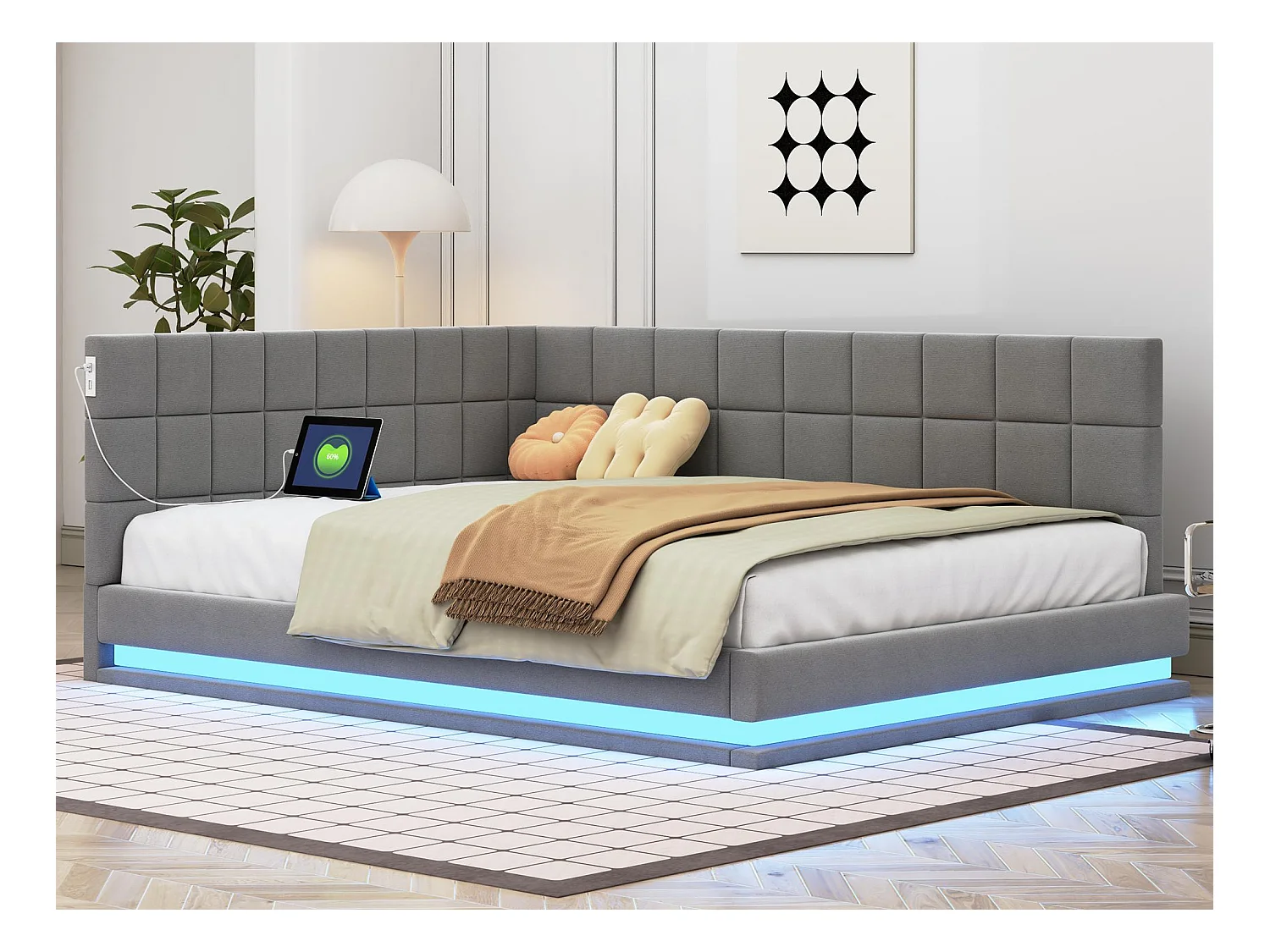 Fluweel gestoffeerde slaapbank 140x200cm - met LED en USB-aansluiting - Grijs