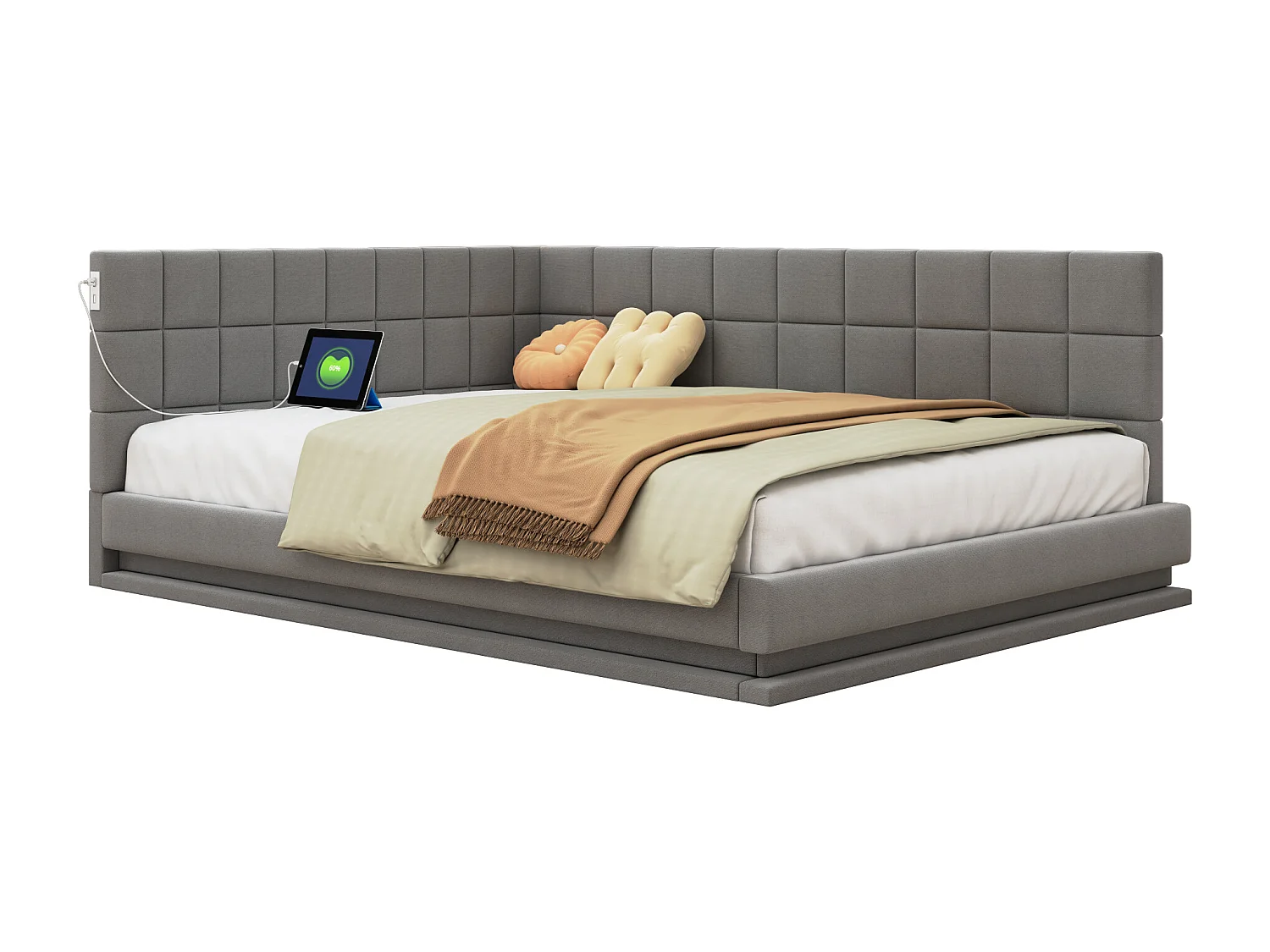 Divano letto imbottito in velluto 140x200 cm - con LED e presa USB - Grigio