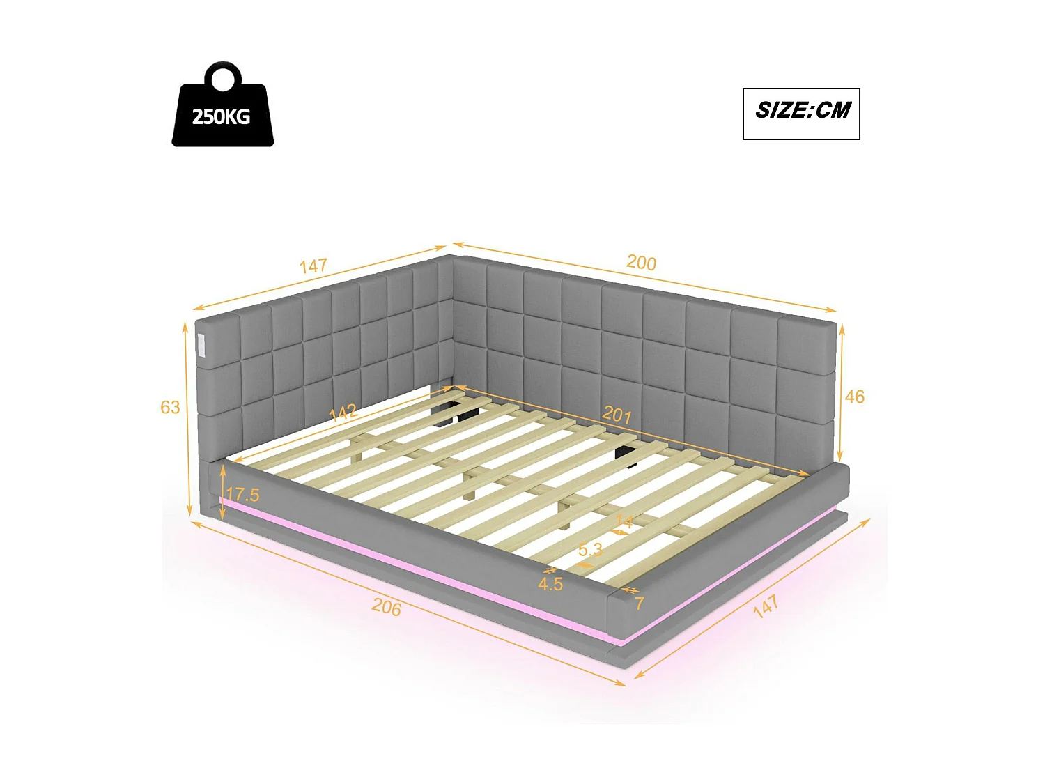 Divano letto imbottito in velluto 140x200 cm - con LED e presa USB - Grigio