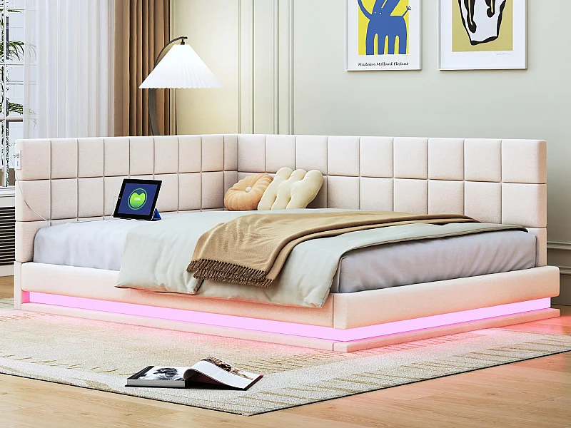 Lit banquette rembourré en velours 140x200cm - avec LED et prise USB - Beige