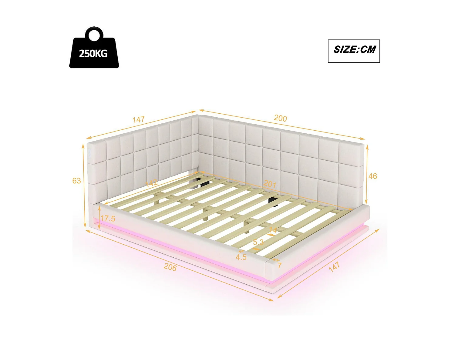 Lit banquette rembourré en velours 140x200cm - avec LED et prise USB - Beige