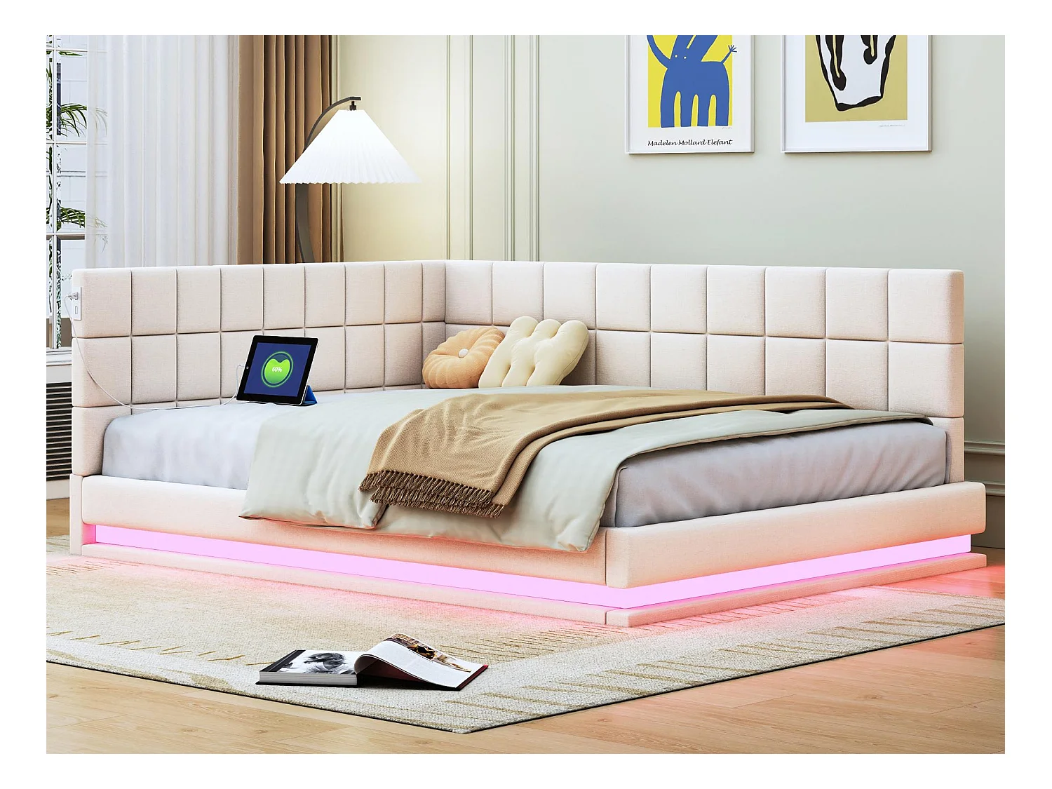 Lit banquette rembourré en velours 140x200cm - avec LED et prise USB - Beige