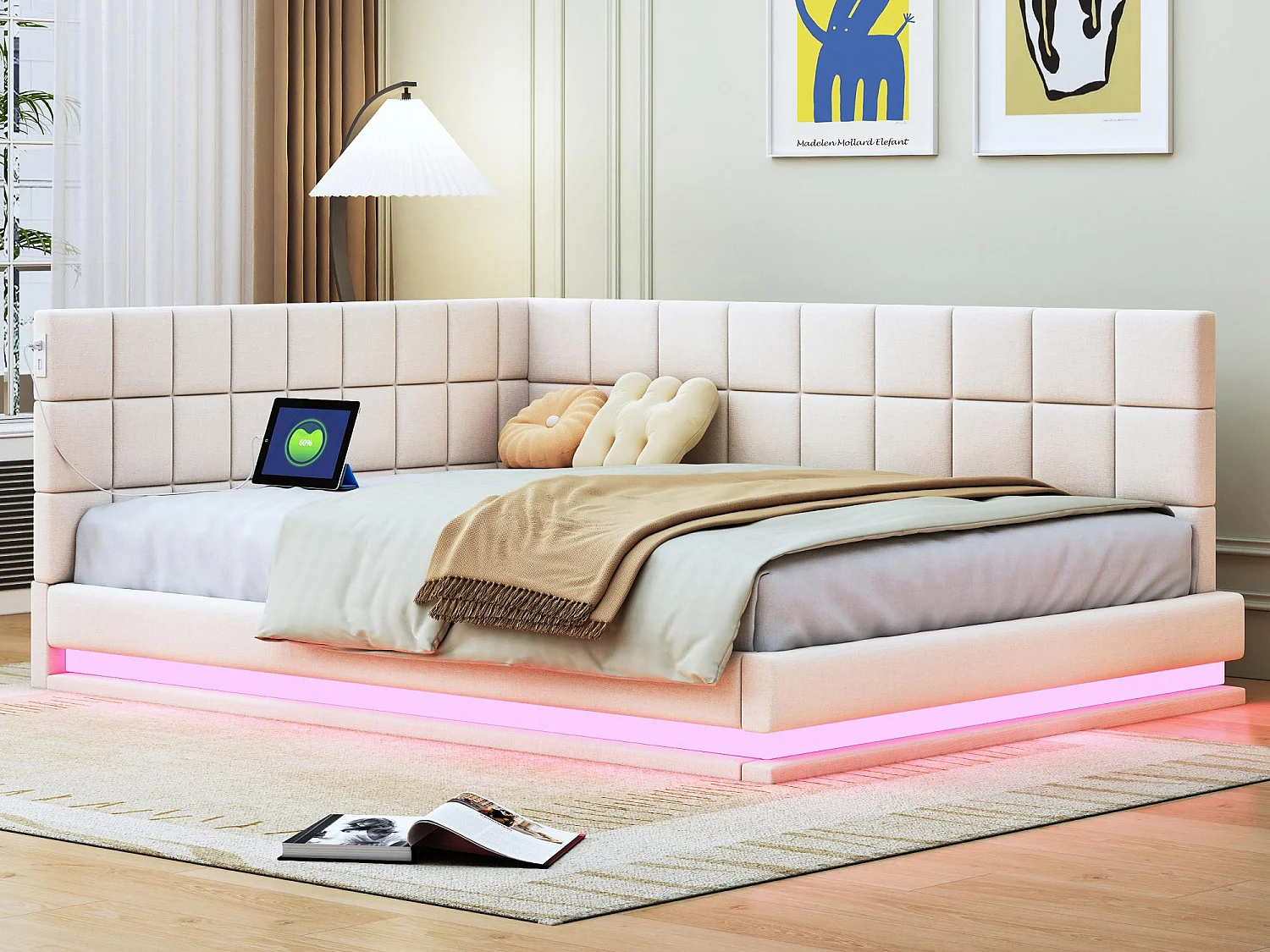Lit banquette rembourré en velours 140x200cm - avec LED et prise USB - Beige