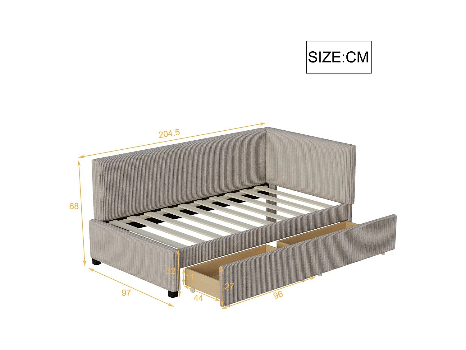 Lit banquette capitonné 90x200cm en velours - 2 tiroirs - avec sommier à lattes - Gris