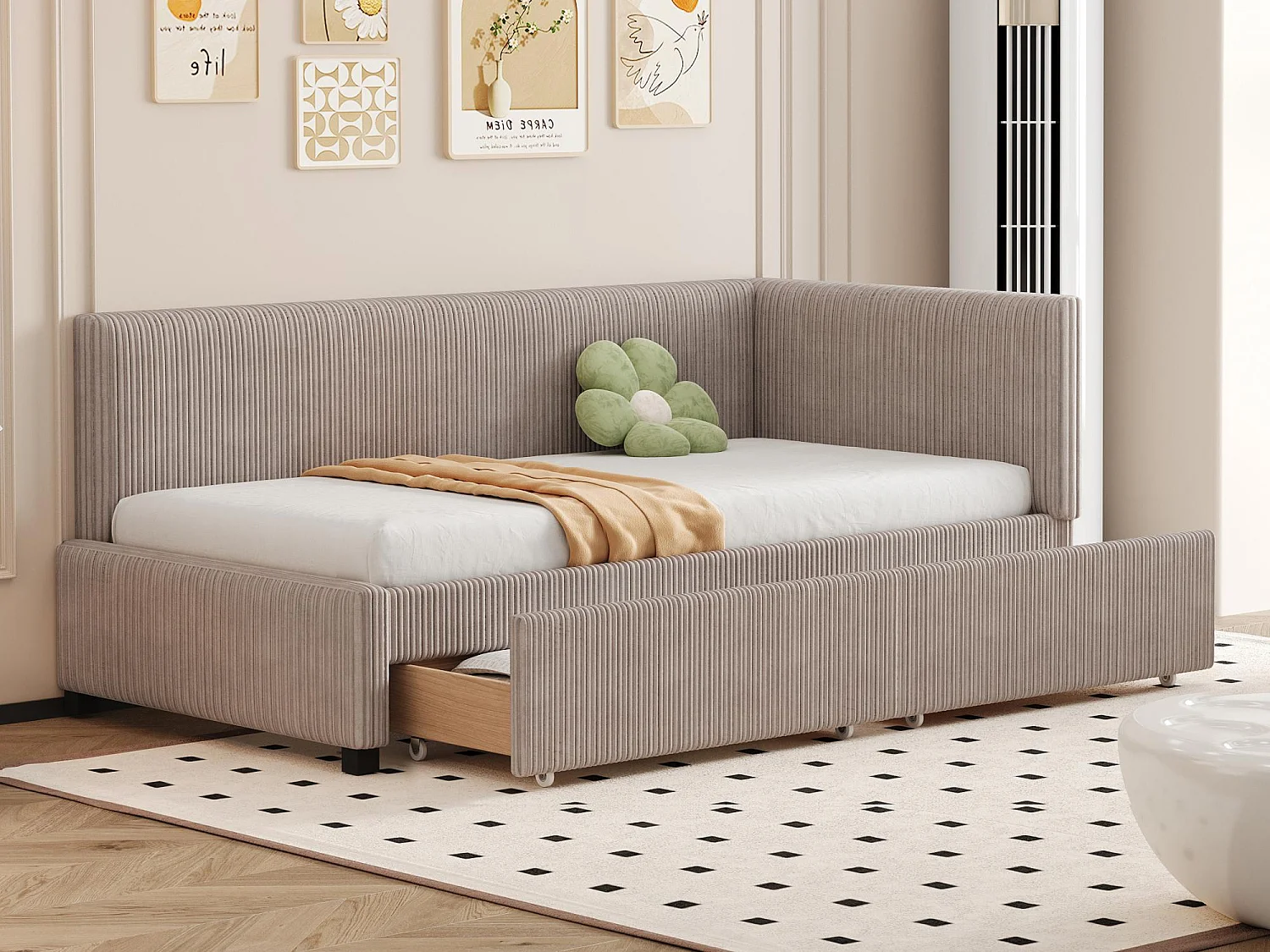 Lit banquette capitonné 90x200cm en velours - 2 tiroirs - avec sommier à lattes - Gris