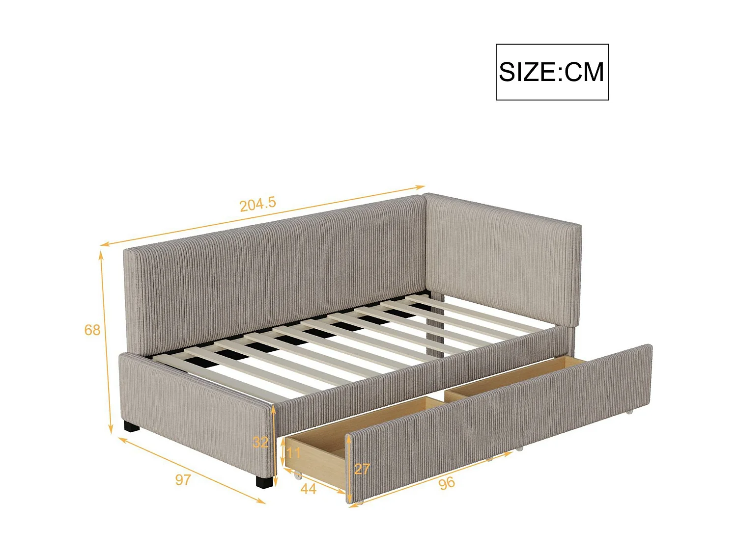 Lit banquette capitonné 90x200cm en velours - 2 tiroirs - avec sommier à lattes - Gris