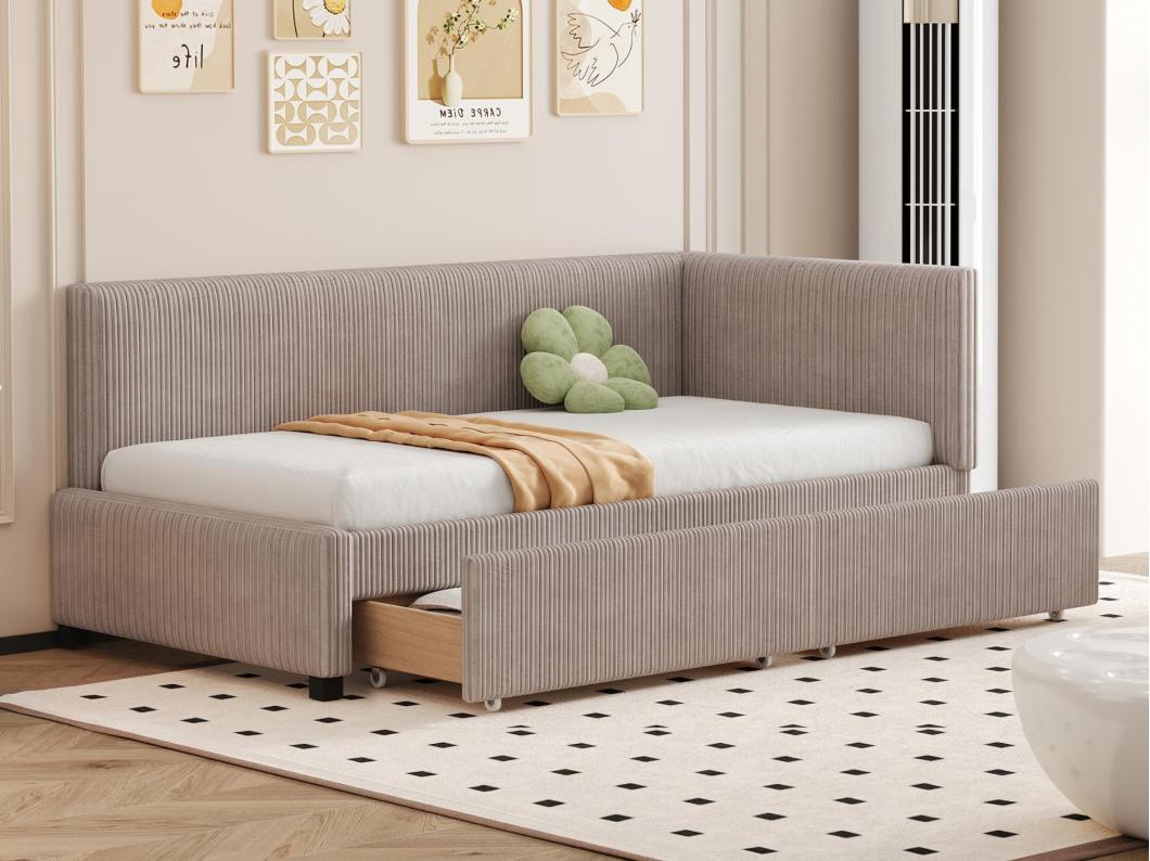 Sofá cama estofado 90x200cm em veludo - 2 gavetas - com base de ripas - Cinza