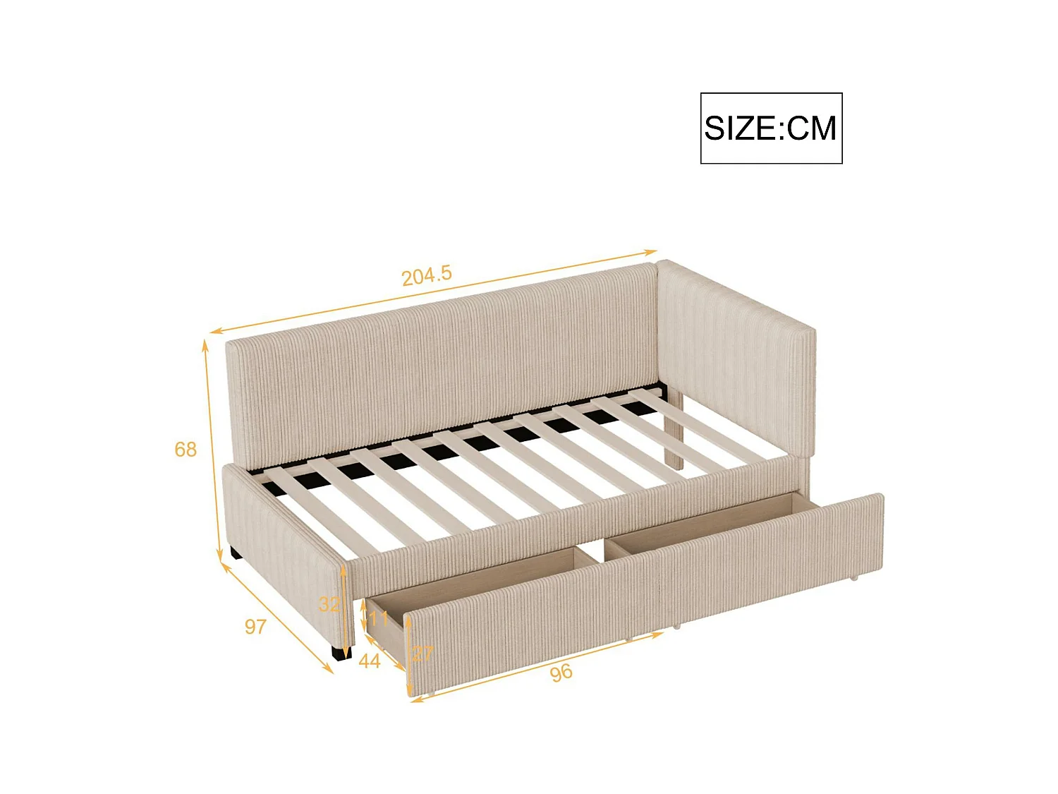Lit banquette capitonné 90x200cm en velours - 2 tiroirs - avec sommier à lattes - Beige
