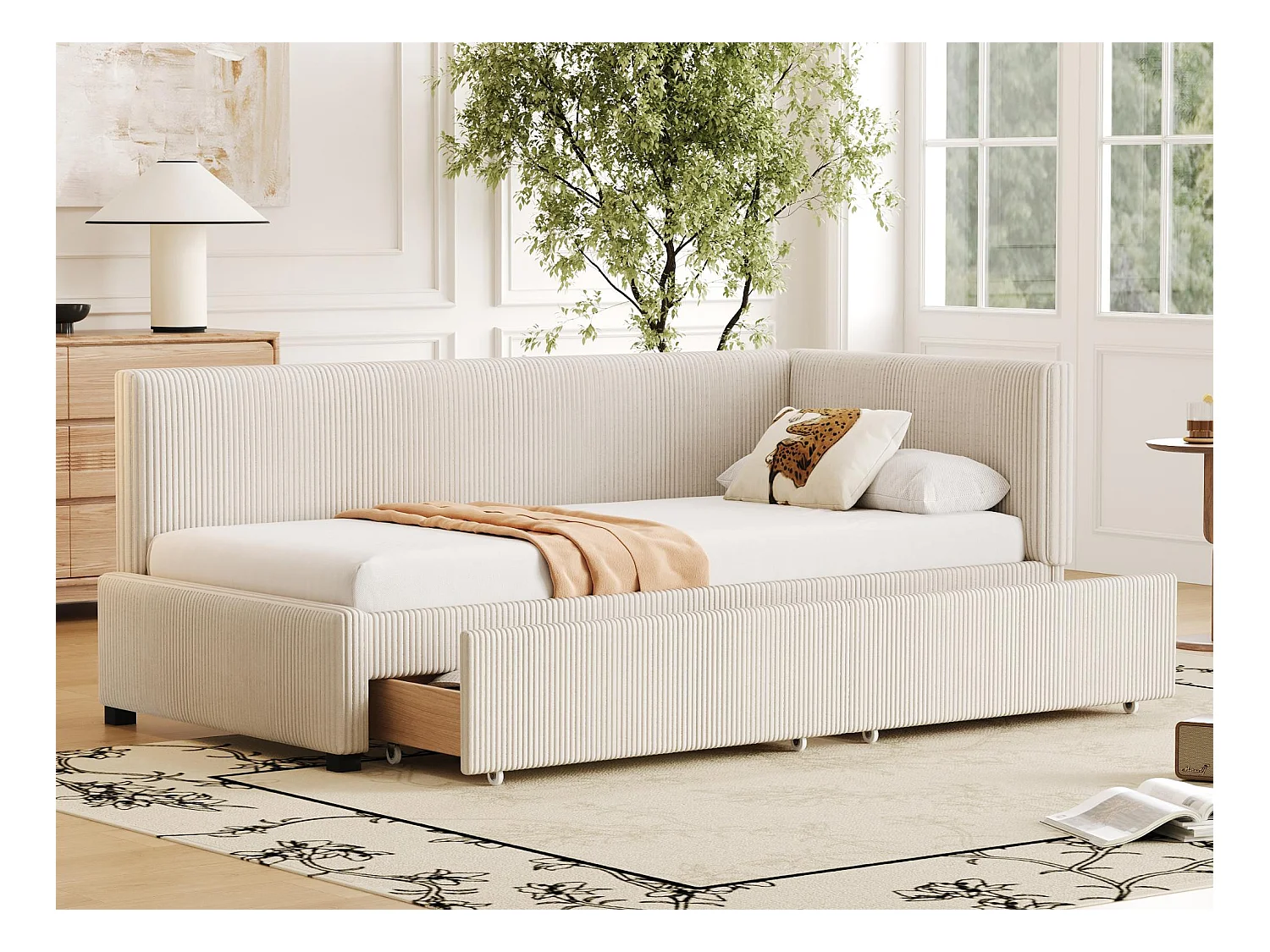 Lit banquette capitonné 90x200cm en velours - 2 tiroirs - avec sommier à lattes - Beige