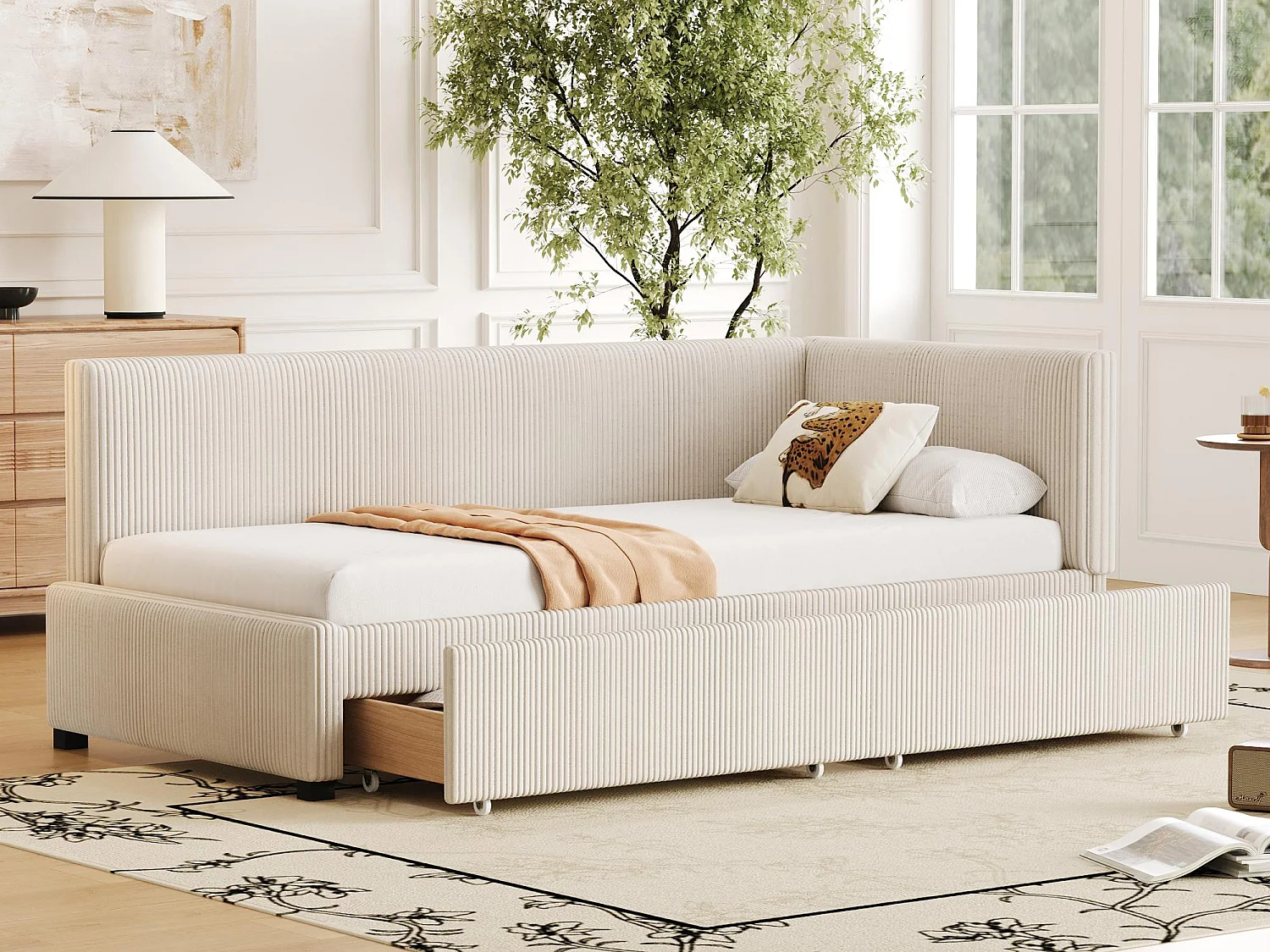 Gepolstertes Schlafsofa 90 x 200 cm in Samt – 2 Schubladen – mit Lattenrost – Beige