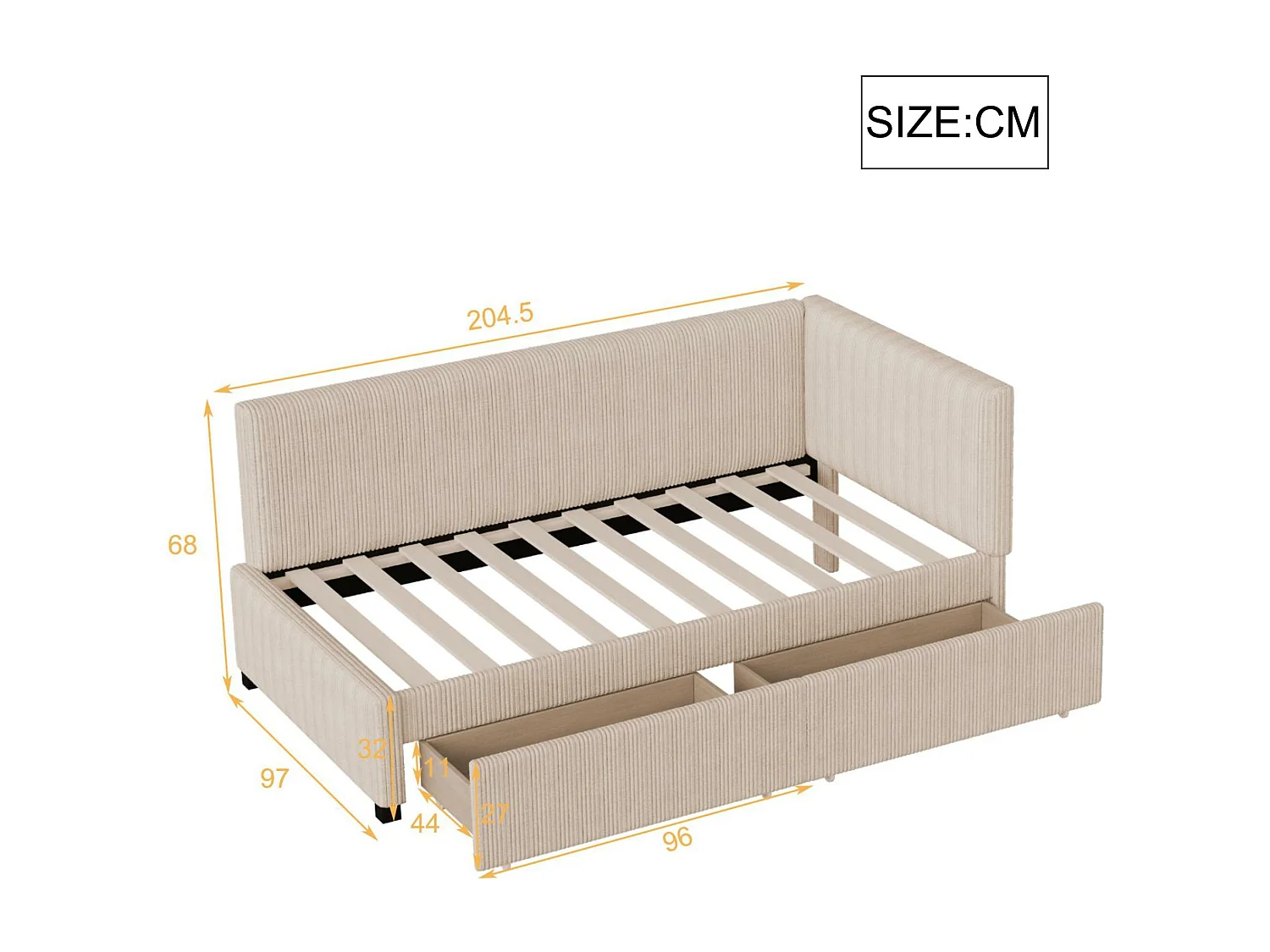 Gepolstertes Schlafsofa 90 x 200 cm in Samt – 2 Schubladen – mit Lattenrost – Beige