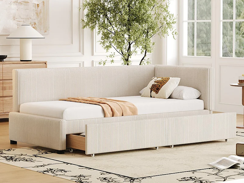 Gepolstertes Schlafsofa 90 x 200 cm in Samt – 2 Schubladen – mit Lattenrost – Beige