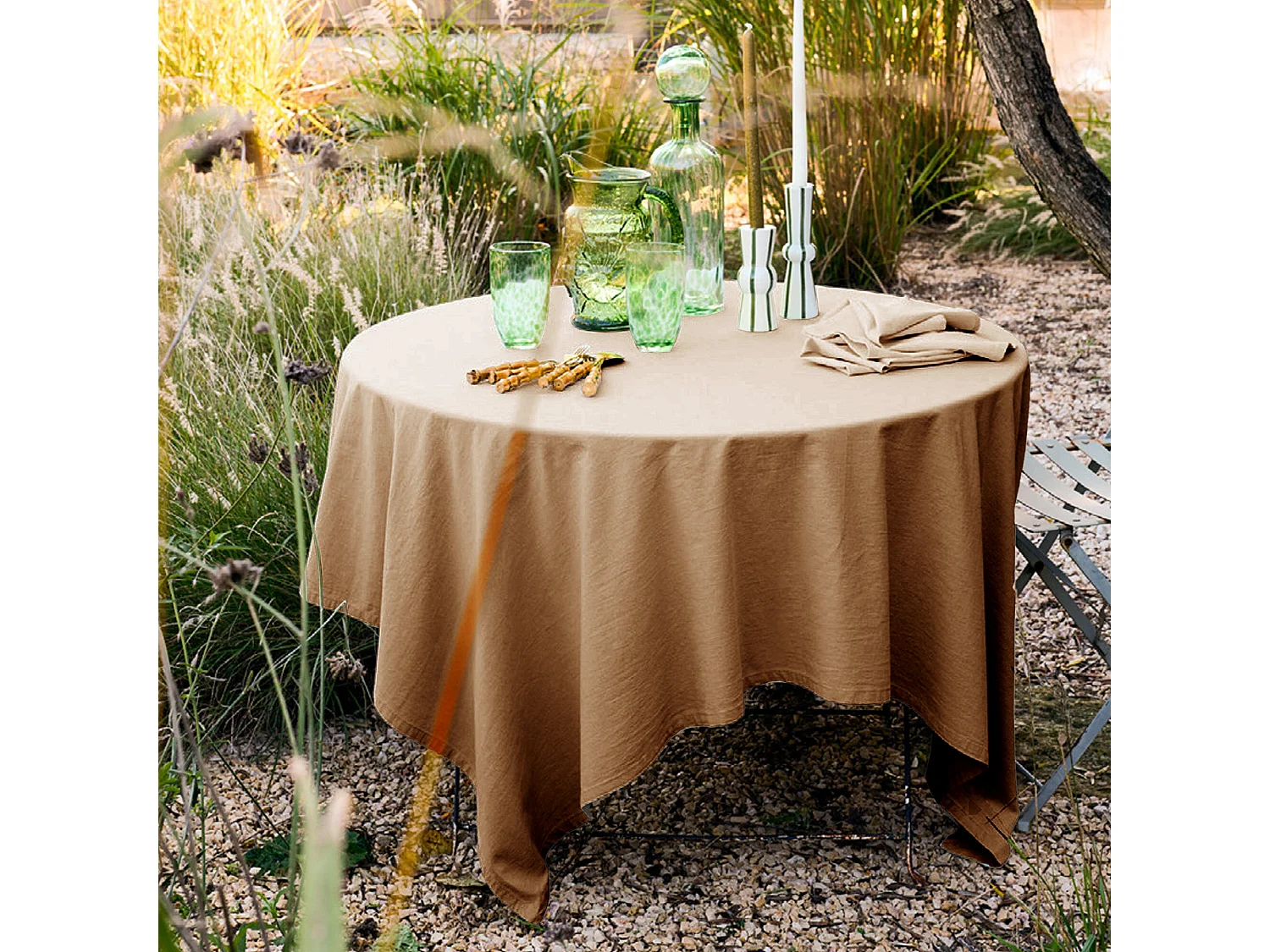 Nappe carrée en lin et coton 170x170 cm MATTIS marron cognac