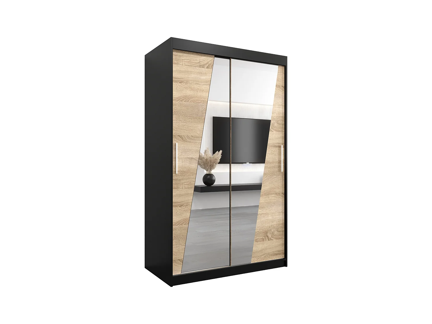 Schwebetürenschrank Rhomb 200/120/62 2-Türig (Schwarz/Sonoma)