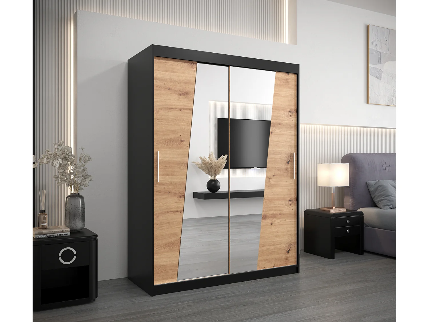 Armoire Rhomb À Portes Coulissantes 200/150/62 2 portes (Noir/Artisan)