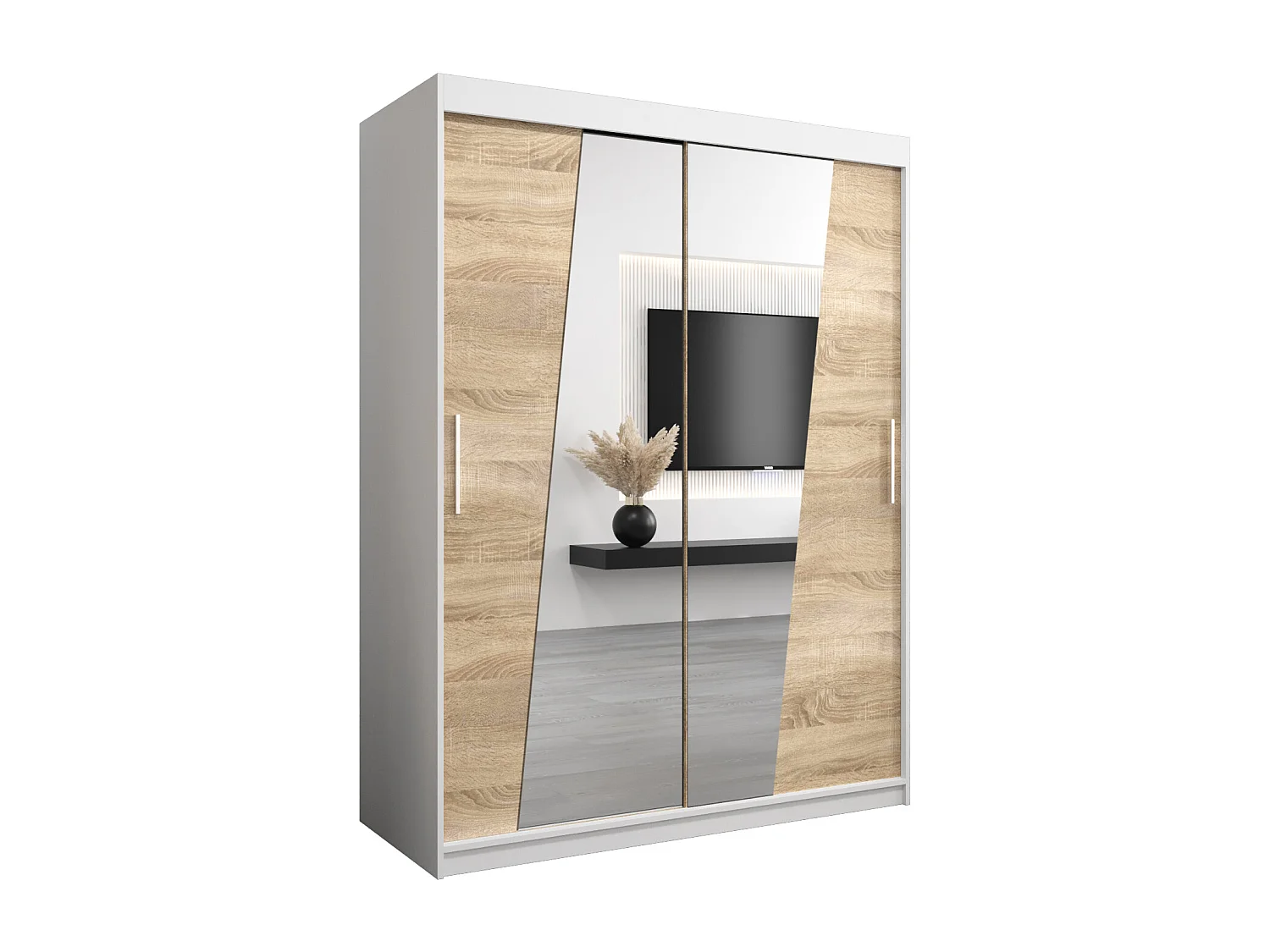 Schwebetürenschrank Rhomb 200/150/62 2-Türig (Weiß/Sonoma)