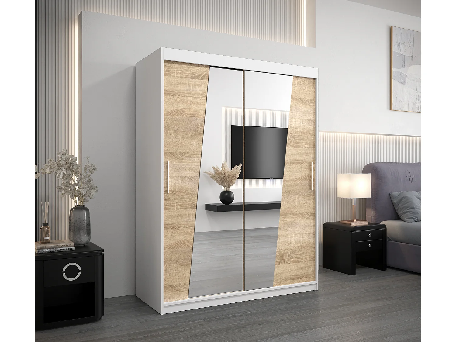 Schwebetürenschrank Rhomb 200/150/62 2-Türig (Weiß/Sonoma)