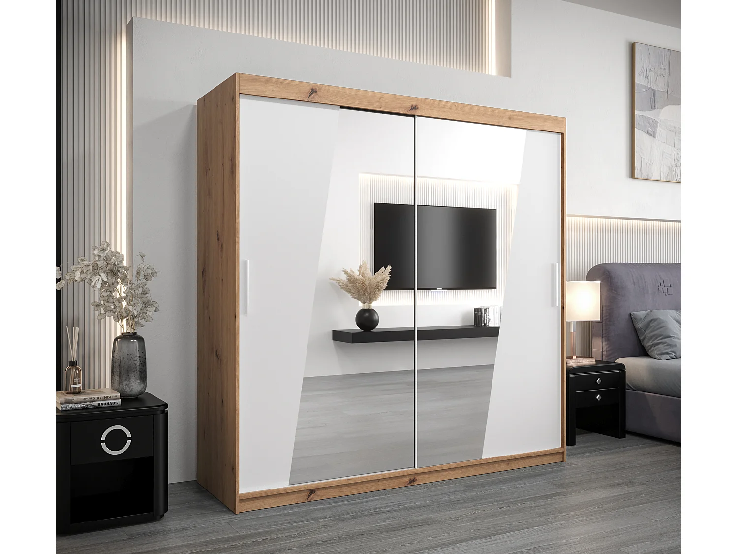 Armoire Rhomb À Portes Coulissantes 200/200/62 2 portes (Artisan/Blanc)