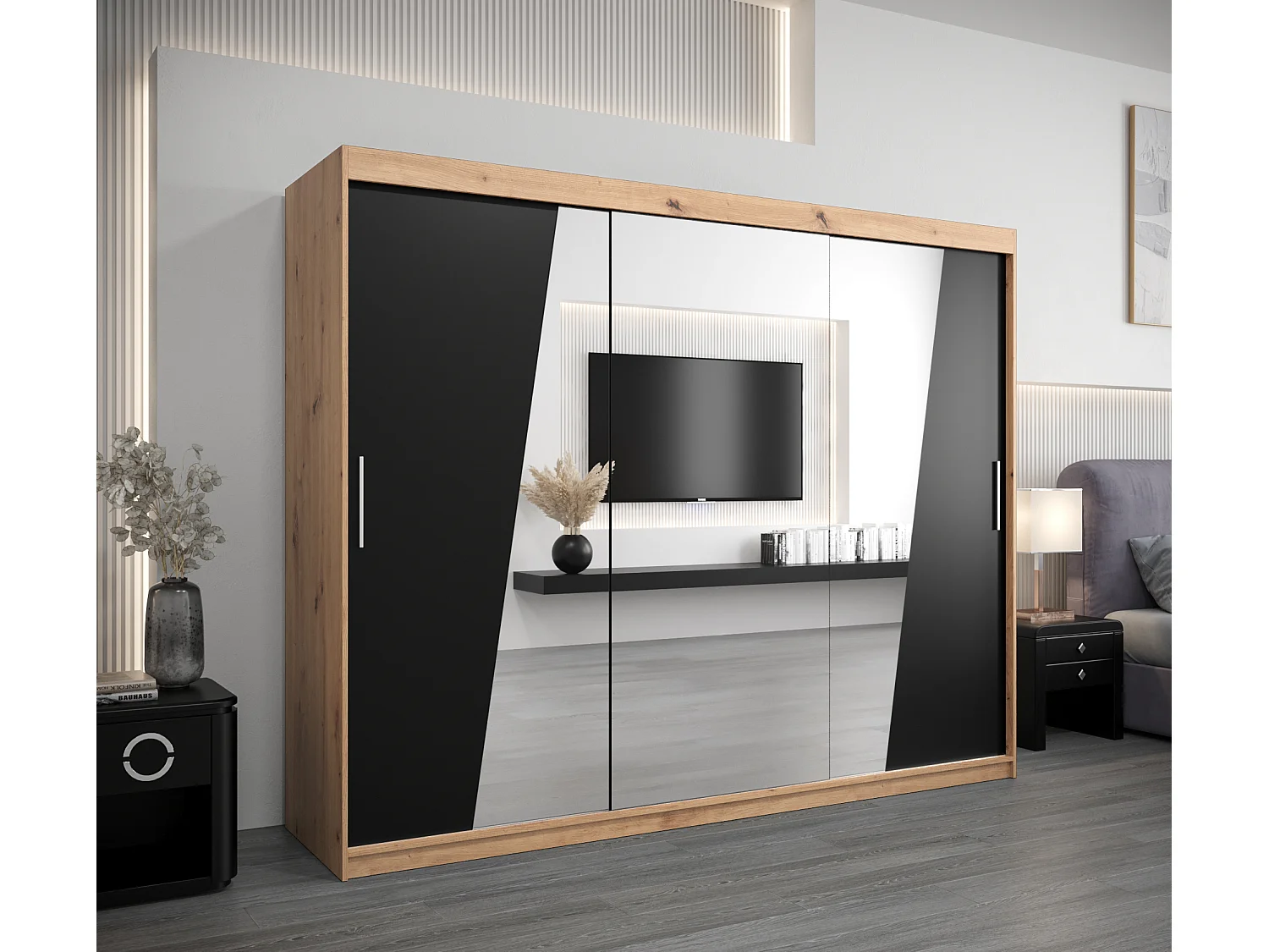 Armoire Rhomb À Portes Coulissantes 200/250/62 3 Portes (Artisan/Noir)