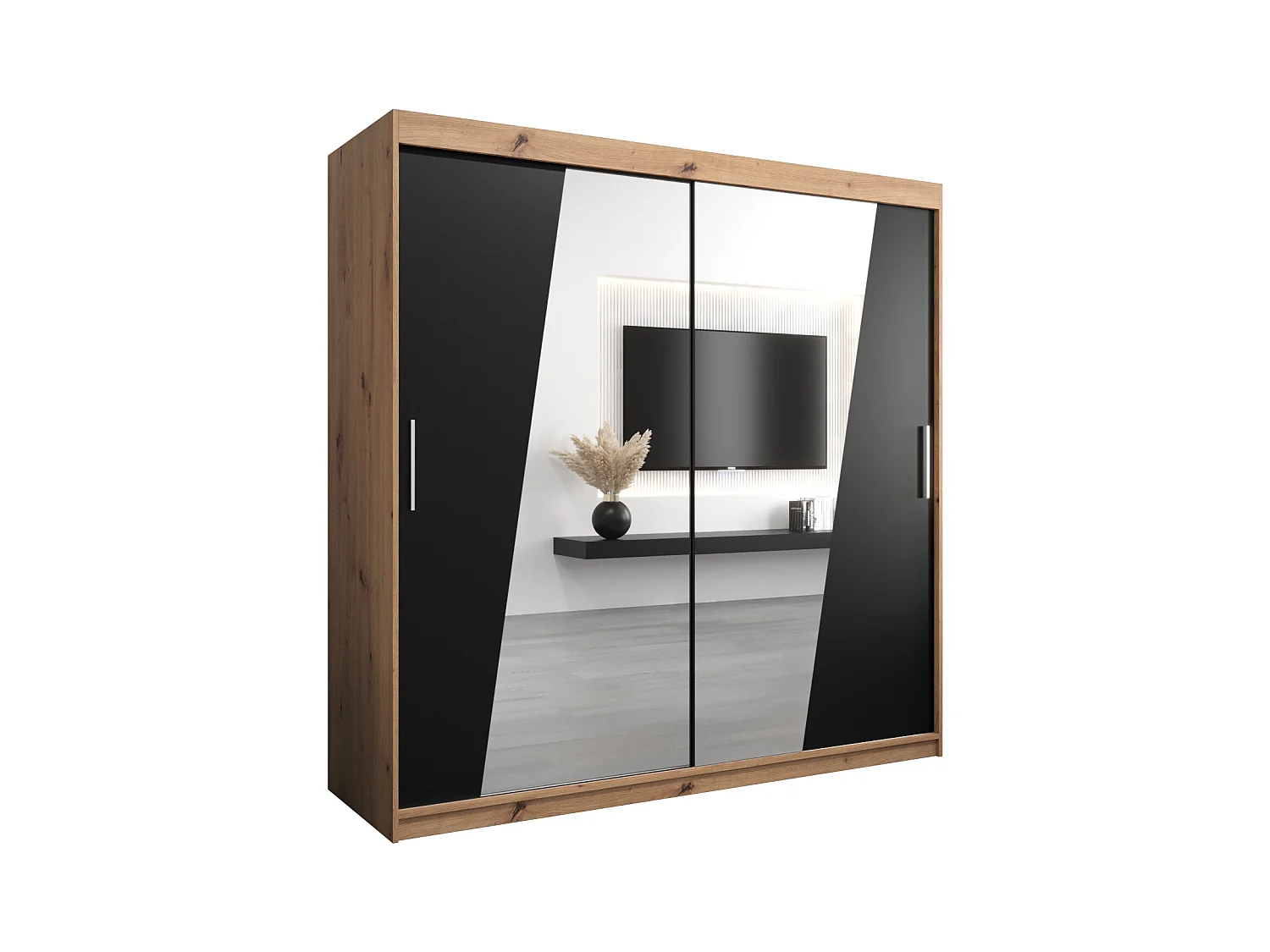 Schwebetürenschrank Rhomb 200/200/62 2-Türig (Artisan/Schwarz)