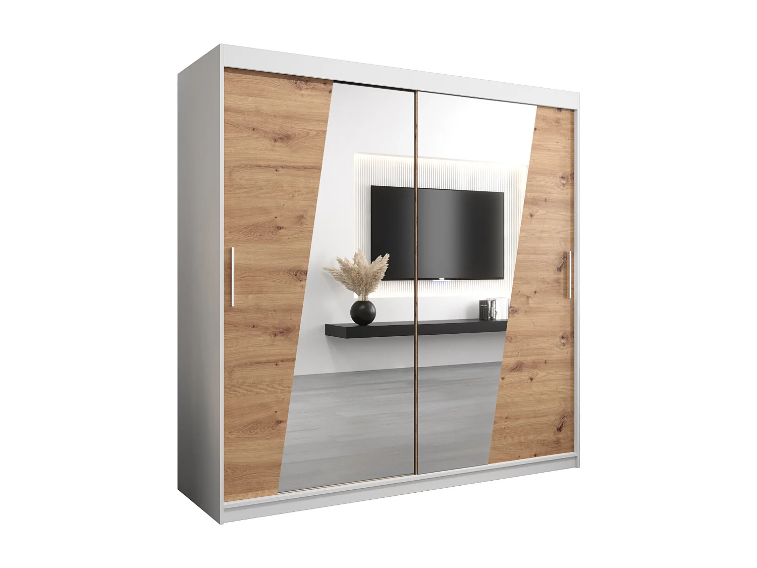 Schwebetürenschrank Rhomb 200/200/62 2-Türig (Weiß/Artisan)