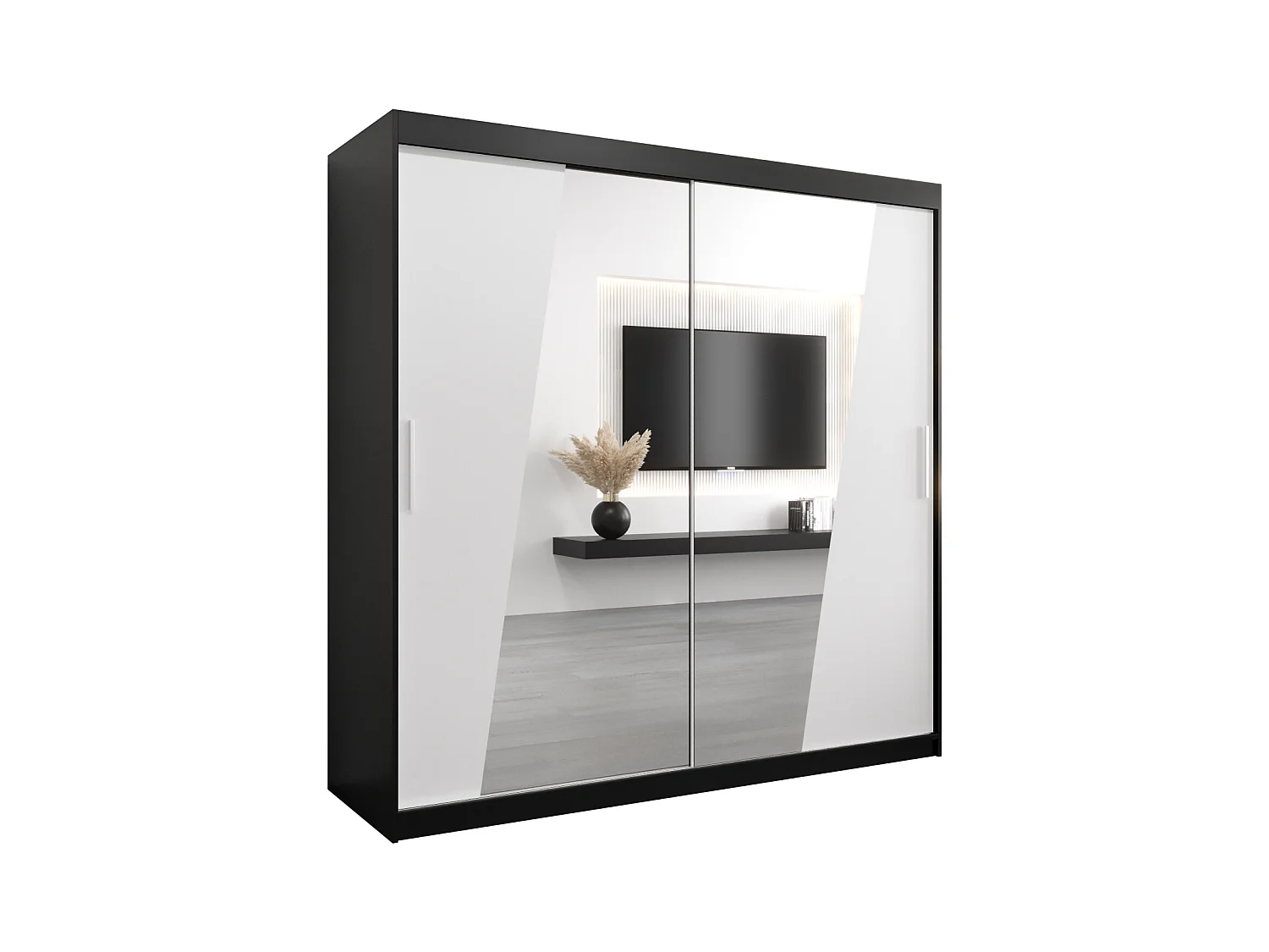 Schwebetürenschrank Rhomb 200/200/62 2-Türig (Schwarz/Weiß)