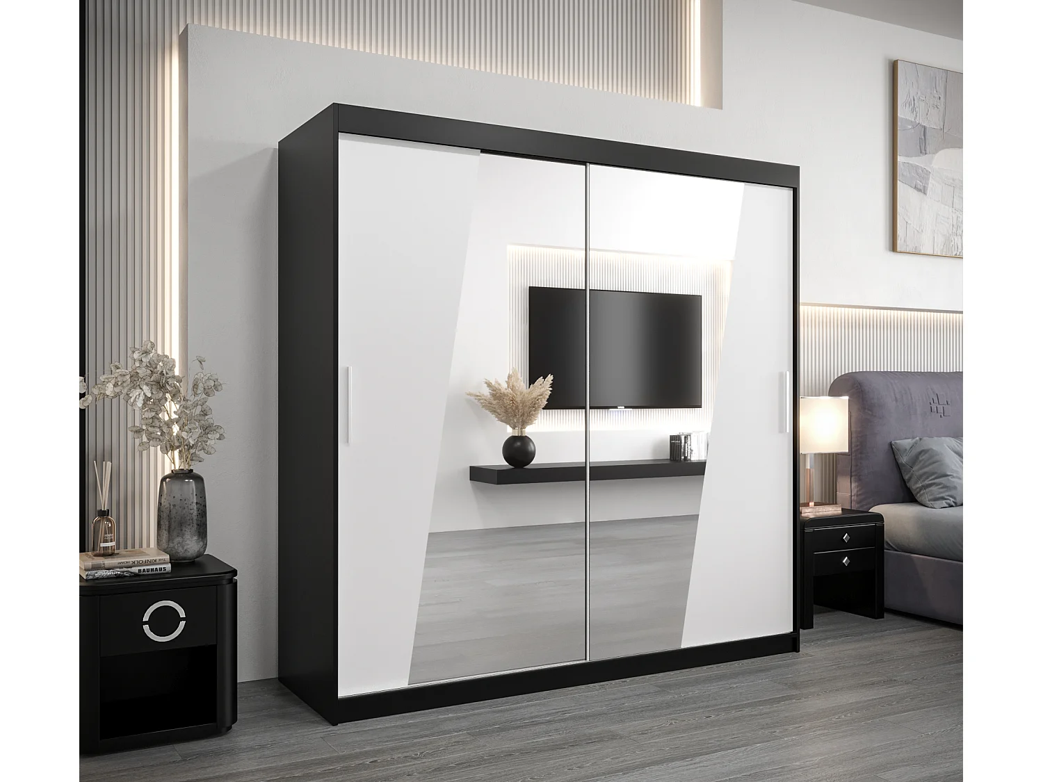 Armário Rhomb com portas de correr 200/200/62 2 puertas (preto/branco)