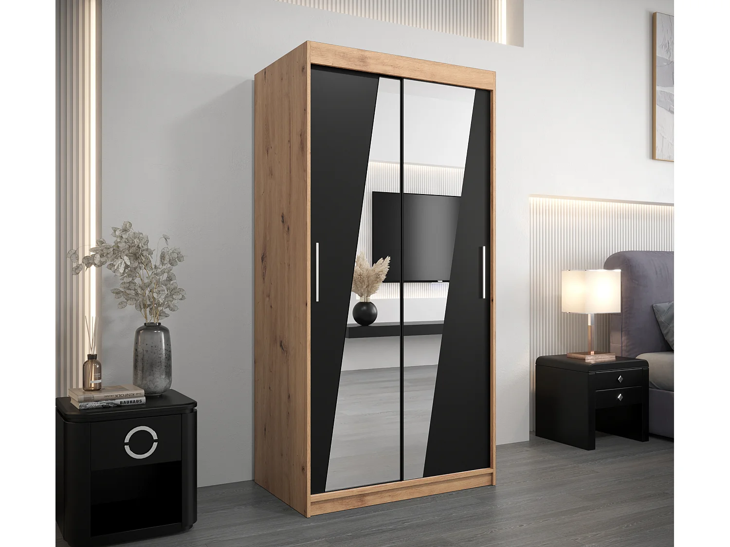 Armoire Rhomb À Portes Coulissantes 200/100/62 2 portes (Artisan/Noir)