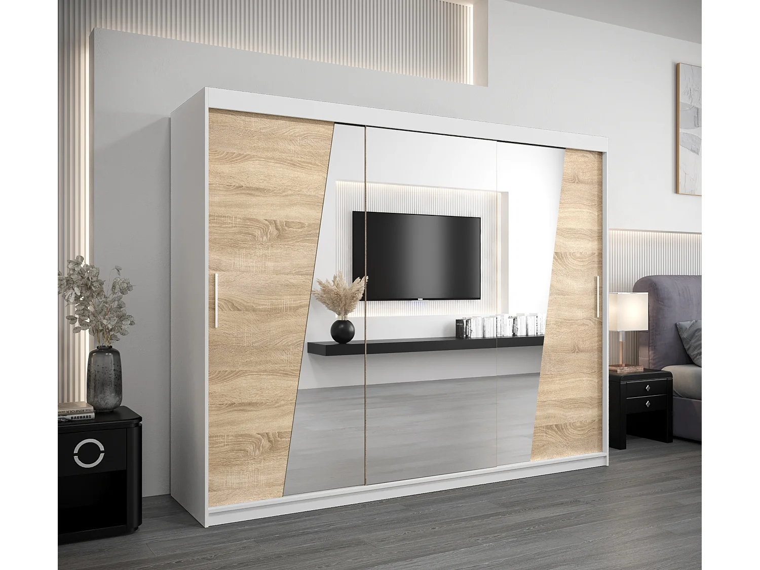 Armoire Rhomb À Portes Coulissantes 200/250/62 3 Portes (Blanc/Sonoma)