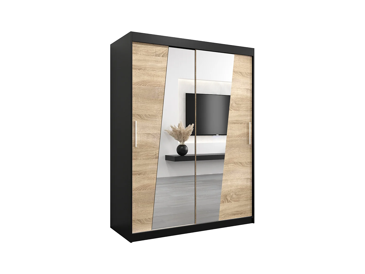 Schwebetürenschrank Rhomb 200/150/62 2-Türig (Schwarz/Sonoma)