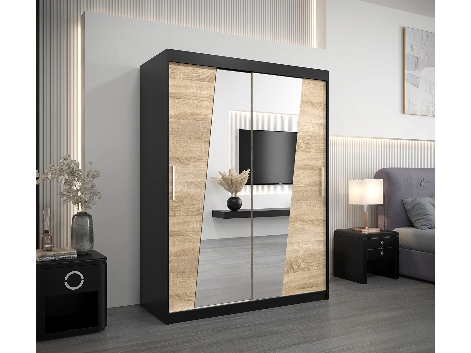 Armoire Rhomb À Portes Coulissantes 200/150/62 2 portes (Noir/Sonoma)