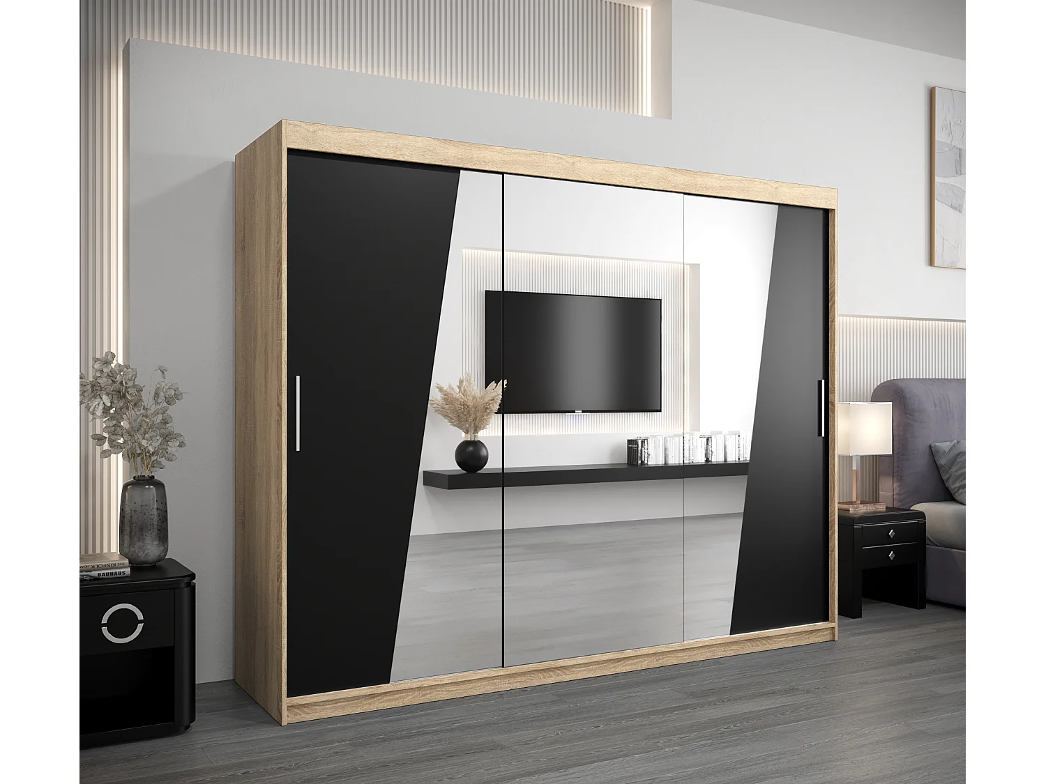 Rhomb kledingkast met schuifdeuren 200/250/62 3 deuren (sonoma/zwart)