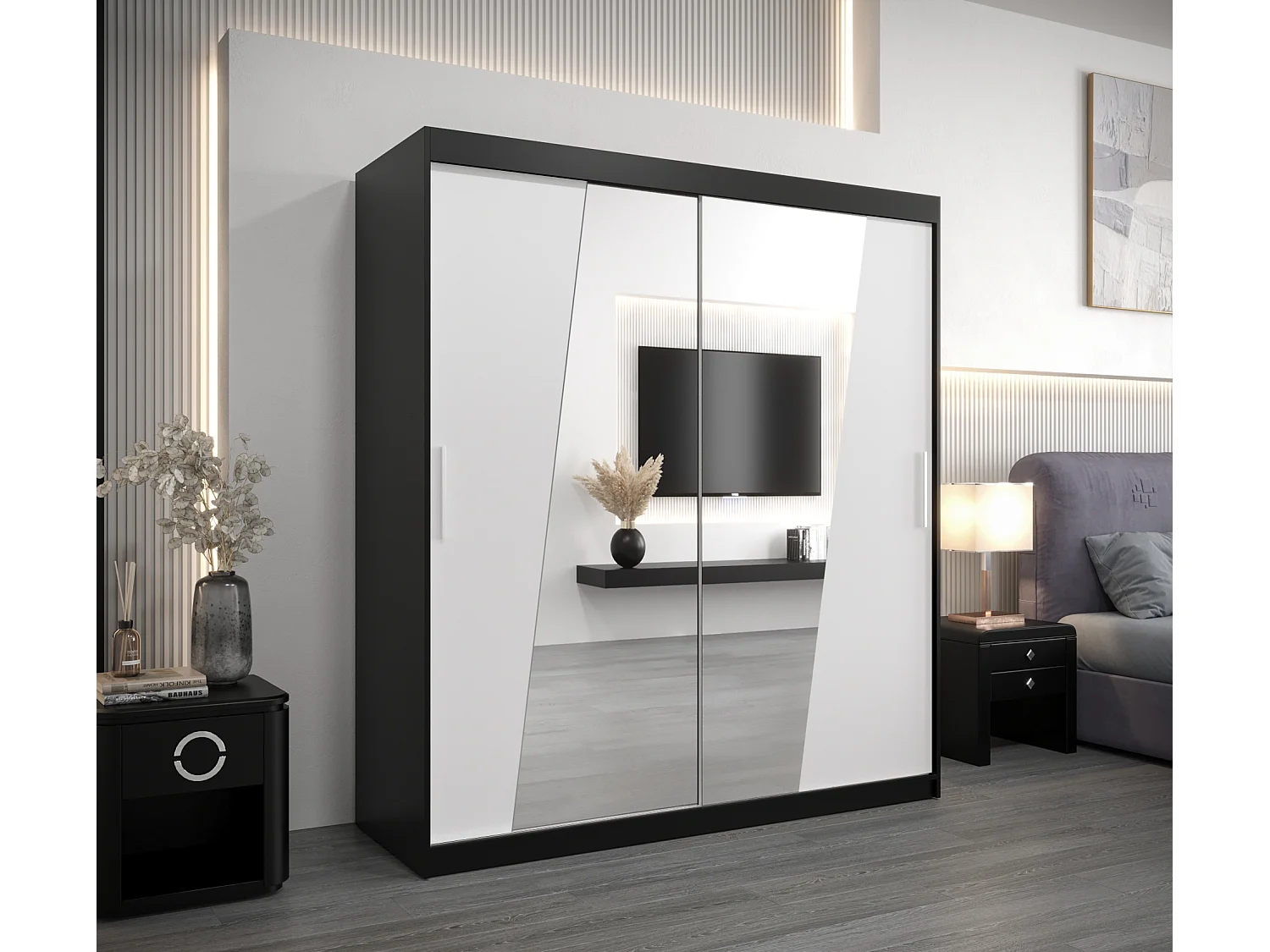 Armoire Rhomb À Portes Coulissantes 200/180/62 2 portes (Noir/Blanc)